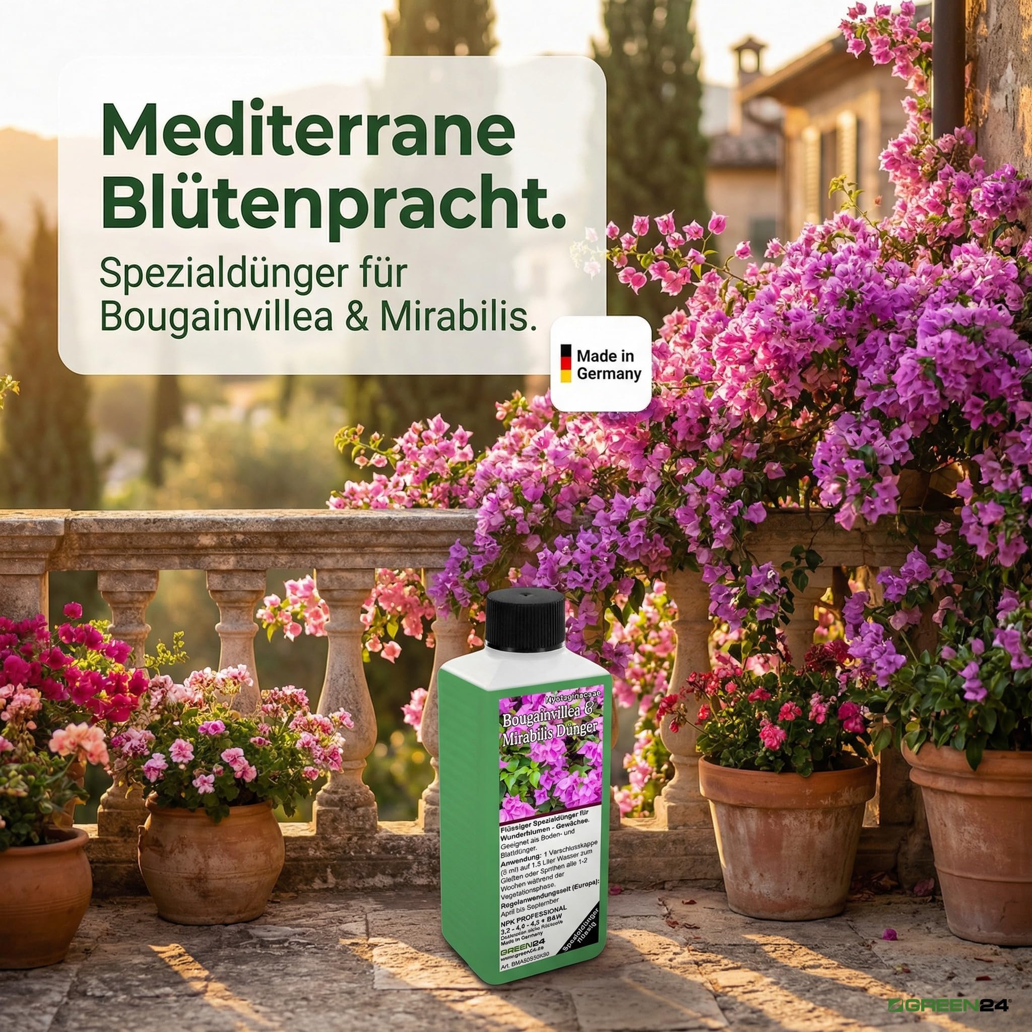 GREEN24 Bougainvillea & Mirabilis nawóz 250 ml – specjalny nawóz do mirabilis, drillingsblumen – śródziemnomorskich roślin doniczkowych, nawóz do kwiatów – płynny nawóz NPK do Nyctaginaceae – balkon
