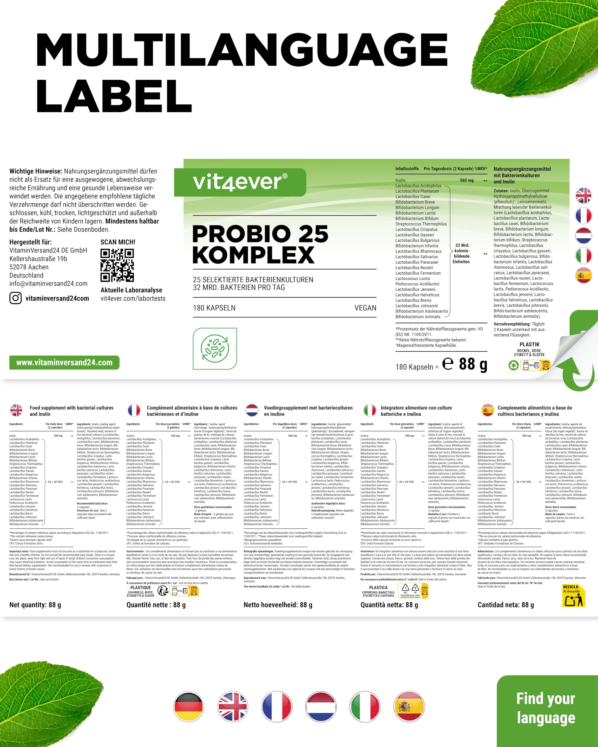 vit4ever Probio 25 Probiotika Komplex - 180 magensagtresistente Kapseln | Mit Inulin, magensaftresistente Kapseln, 3-Monats-Vorrat, vegan, 25 Stämme, 32 Mrd. KBE