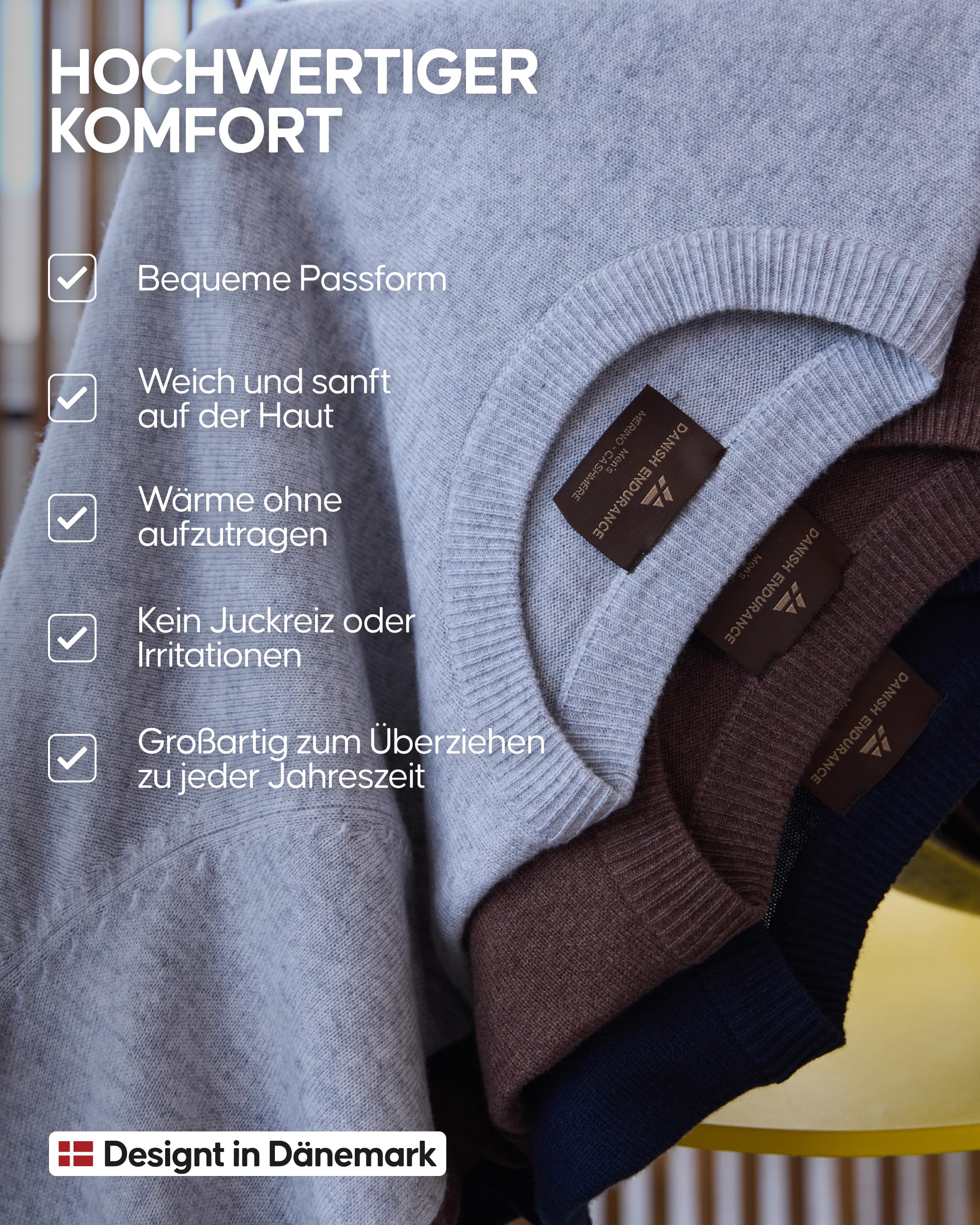 DANISH ENDURANCE Merinowolle Pullover mit Kaschmir, Wollpullover Herren | Merinowolle Kaschmir Strickpullover mit Rundhalsausschnitt, Weich, Wärmend & Atmungsaktiv für Alltag und Büro