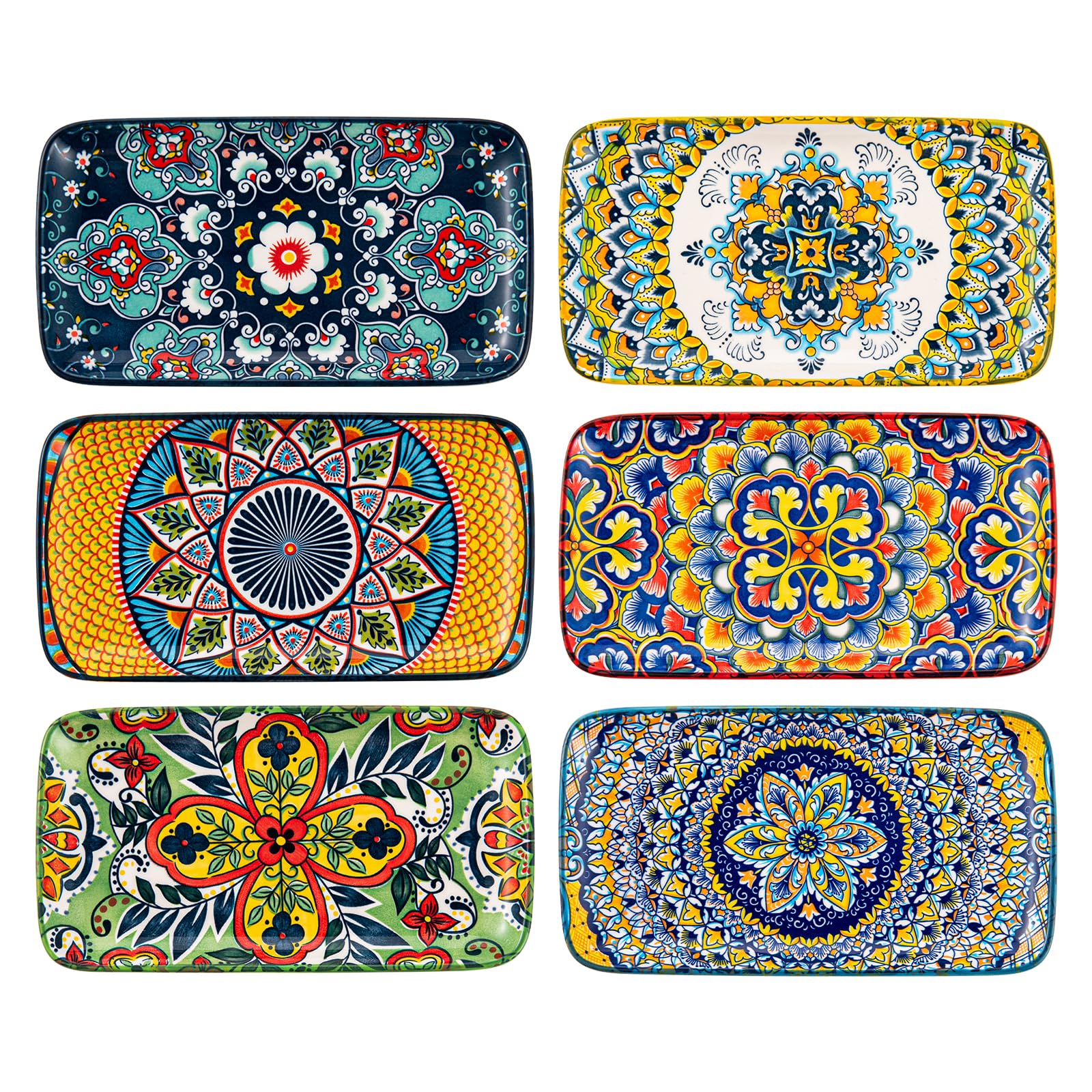HENXFEN LEAD Serving Plates Porcelain, 8 Inch Small Rectangular Plate Set, Salad Plates for Sushi, Appetisers, Cakes, Bohemian Floral Design in 6 Vibrant Colors