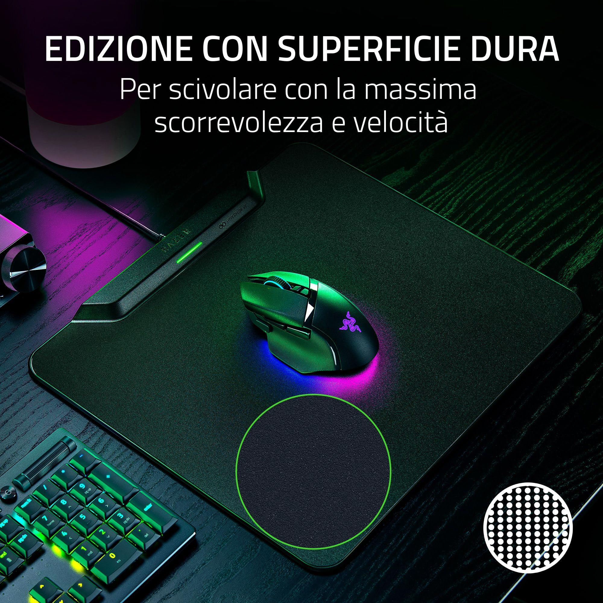 Razer HyperFlux V2 - Tappetino per mouse con ricarica wireless per mouse da gioco - tappetino per mouse da gioco e disco di ricarica (indicatore di ricarica a LED, piedini in gomma antiscivolo) Nero