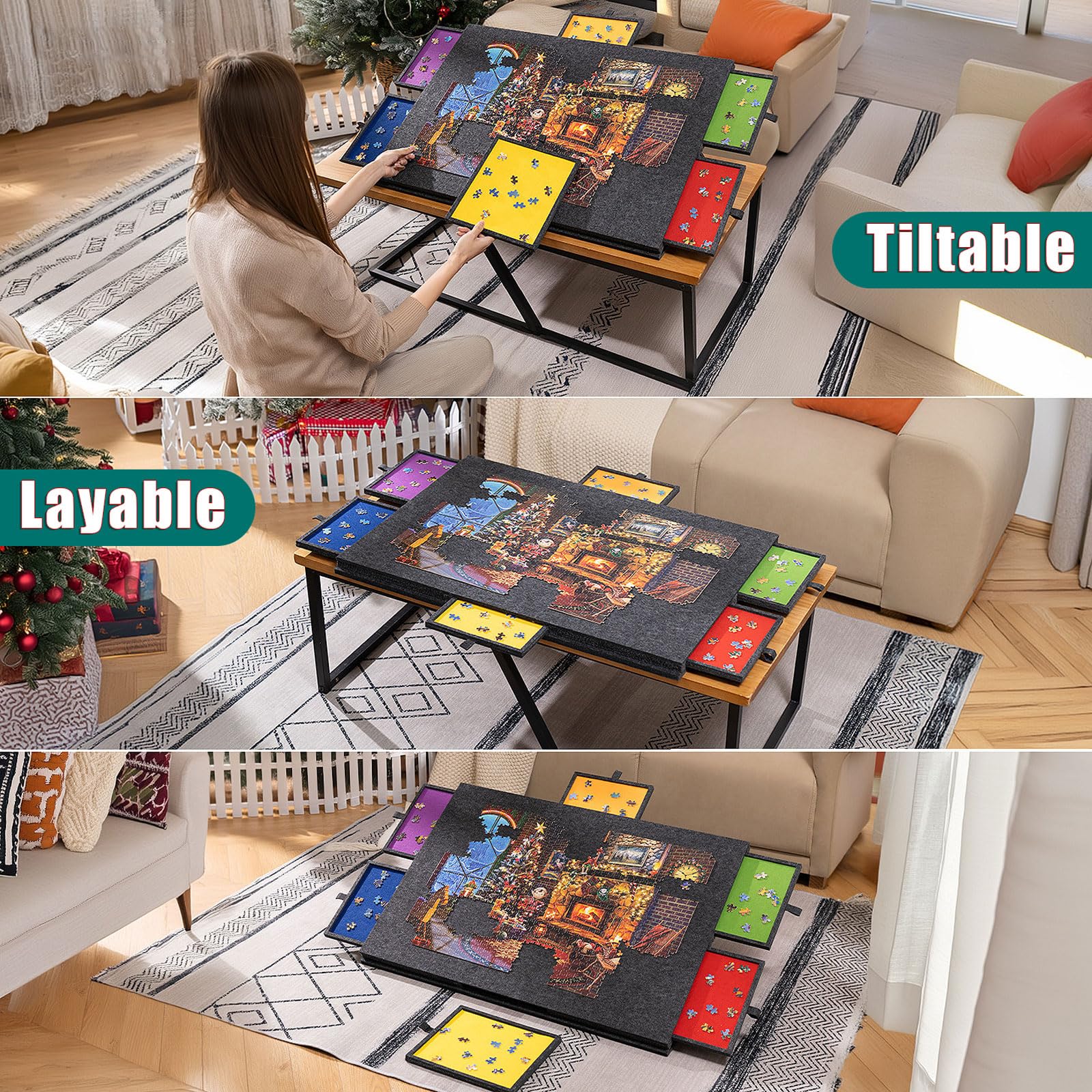 Plateau de Puzzle Inclinable,Table À Puzzle 2-en-1 Pliable avec 6 Tiroirs,Étui de Rangement Léger en Feutre avec 6 Tiroirs,Facile à Ranger,Antidérapante,pour jusqu'à 1000 à 2000 pièces