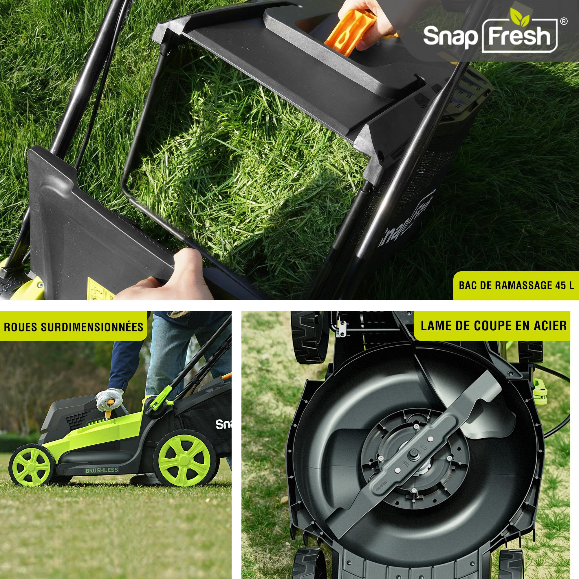 SnapFresh Tondeuse à Gazon sans Fil 40V, Largeur de Coupe 40 cm, Bac 42 L, Deux Batteries 4,0 Ah, Moteur sans balais