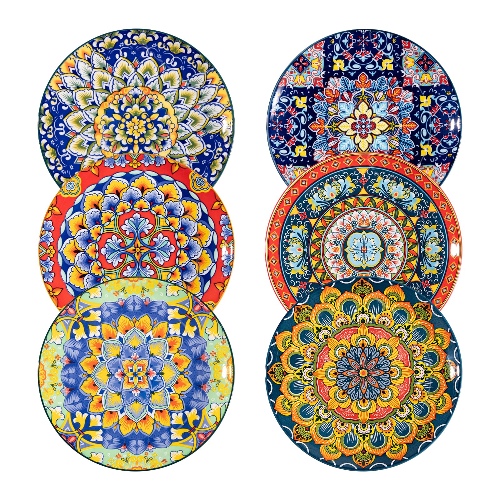 Sweejar Home Assiettes à salade 8 pouces, assiettes à dessert en céramique, lot de 6, petites de table de style bohème, assiettes rondes colorées pour la cuisine (colorées)
