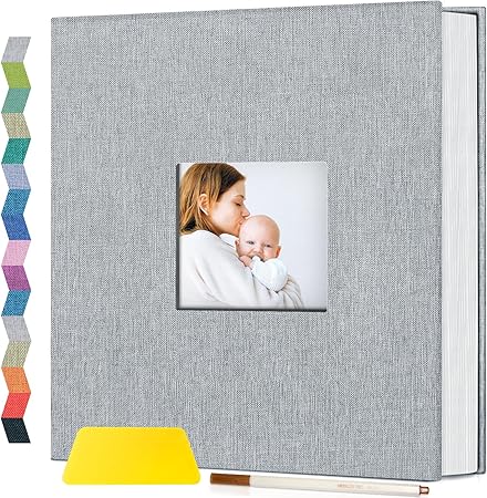Popotop Photo Album Self Adhesive with Picture Display Window,40 Pages DIY Baby Memory Book for 4x6 8x10 Picture,Linen Cover Scrapbooking Supplies Kit for Wedding,with Scraper and Metallic Pen