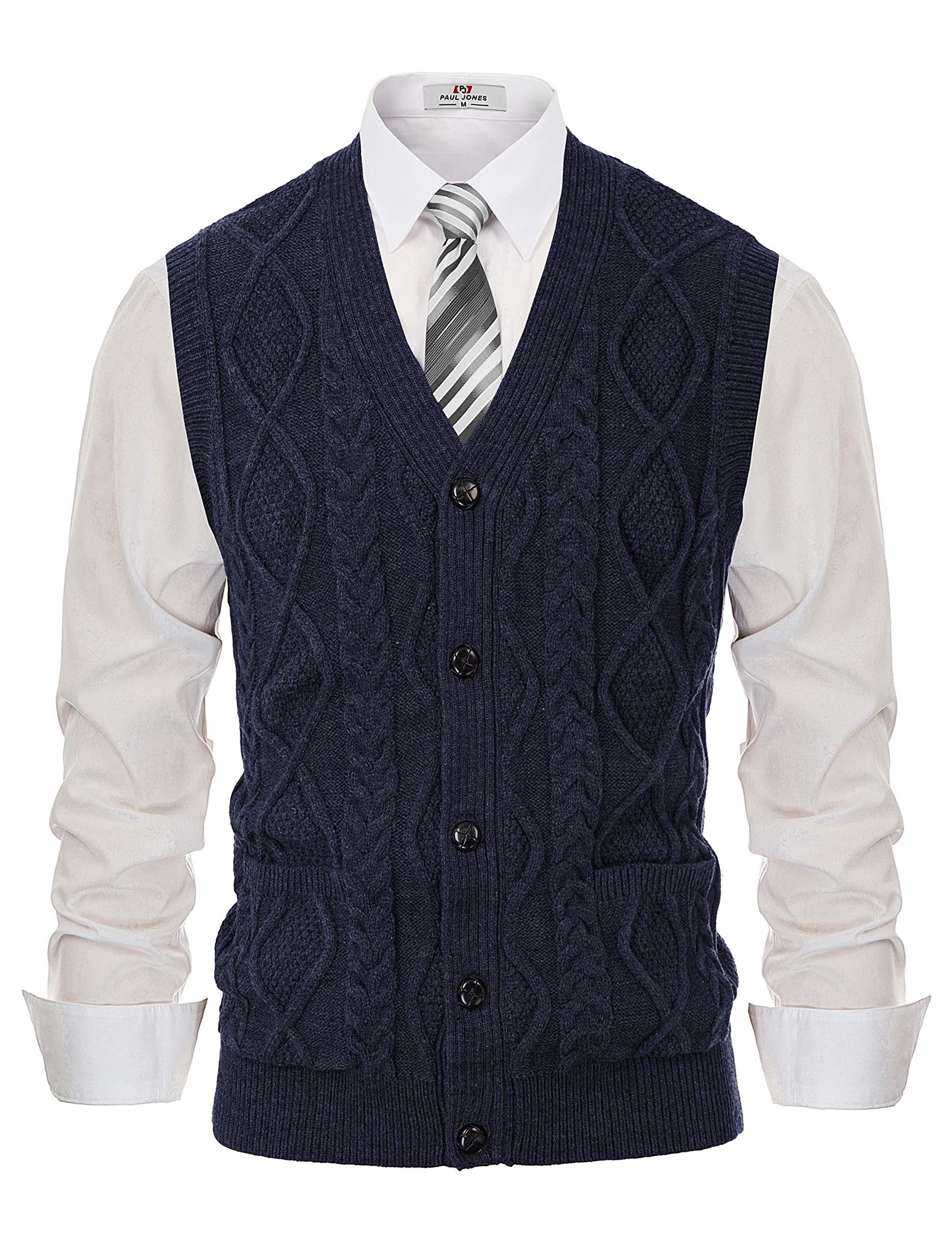 PJ PAUL JONES Mens Cable Knit V Neck Sweater Vest Button Up