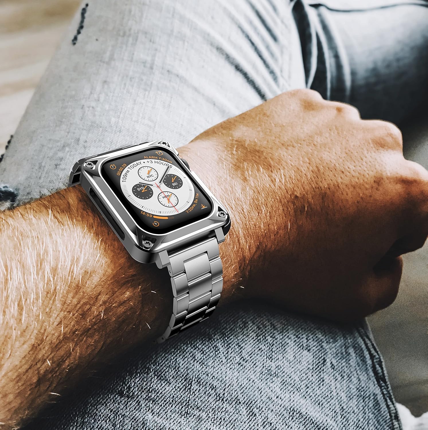 GELISHI Compatible with Apple Watch Band 44mm Men,Metal Rugged Case Bumper Full Protective Cover with Stainless Steel Band Replacement Strap for Watch Series 6 SE 5 4, Silver