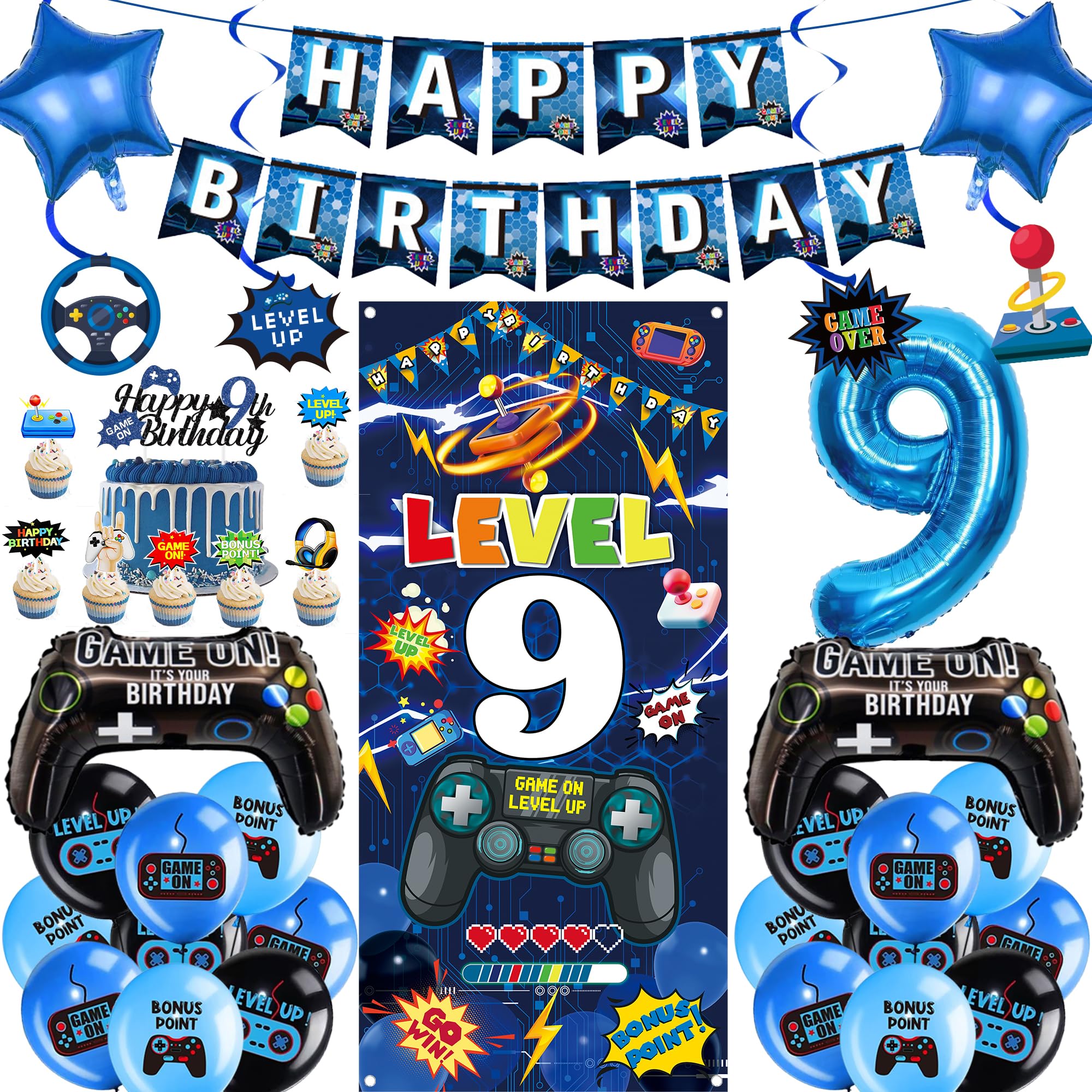 Gaming 9th Birthday Decorations Boys - 41 Pcs Blue Video Game Banners Gaming Controller Foil Balloons Cake Topper Swirl Hangings Backdrop for Kids Boys Girls Game Theme Party Decor Supplies