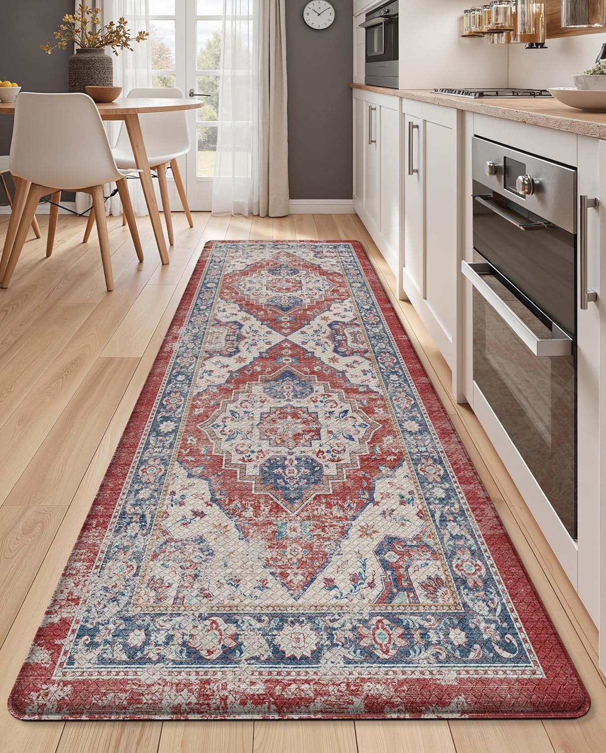 color&geometry kitchen floor mats anti fatigue, cushioned boho rugs,waterproof non slip kitchen runner for sink, standing mats for office,24"x87",red 87"l x 24"w x 0.4"th boho-red
