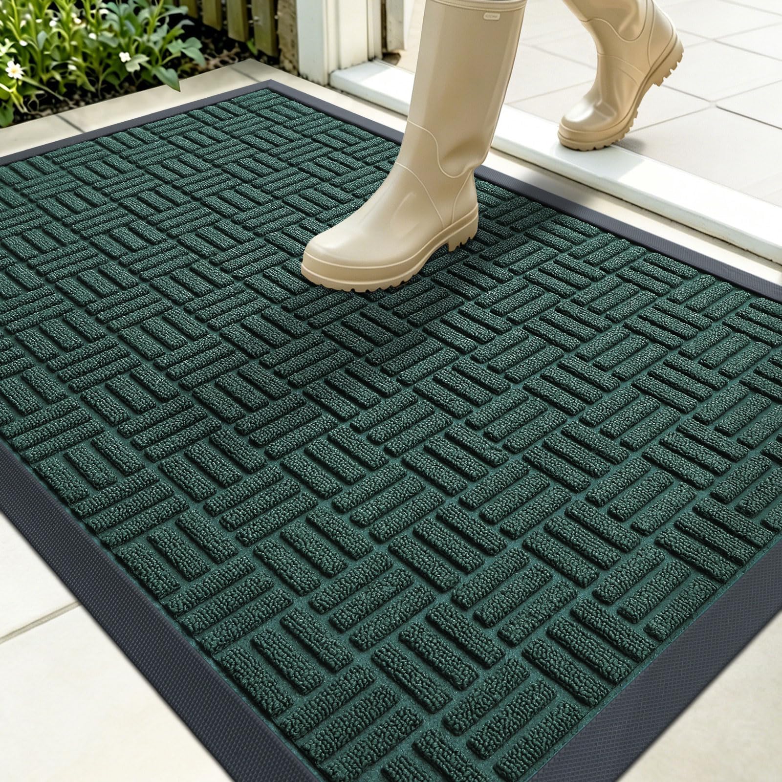OLANLY Front Door Mat Outside Entrance 35x23, Heavy-Duty Rubber Doormat | Black Green, Stain and Fade Resistant, Non-Slip Backing, Low-Profile Indoor Outdoor Floor Mat for Entryway, Easy to Clean