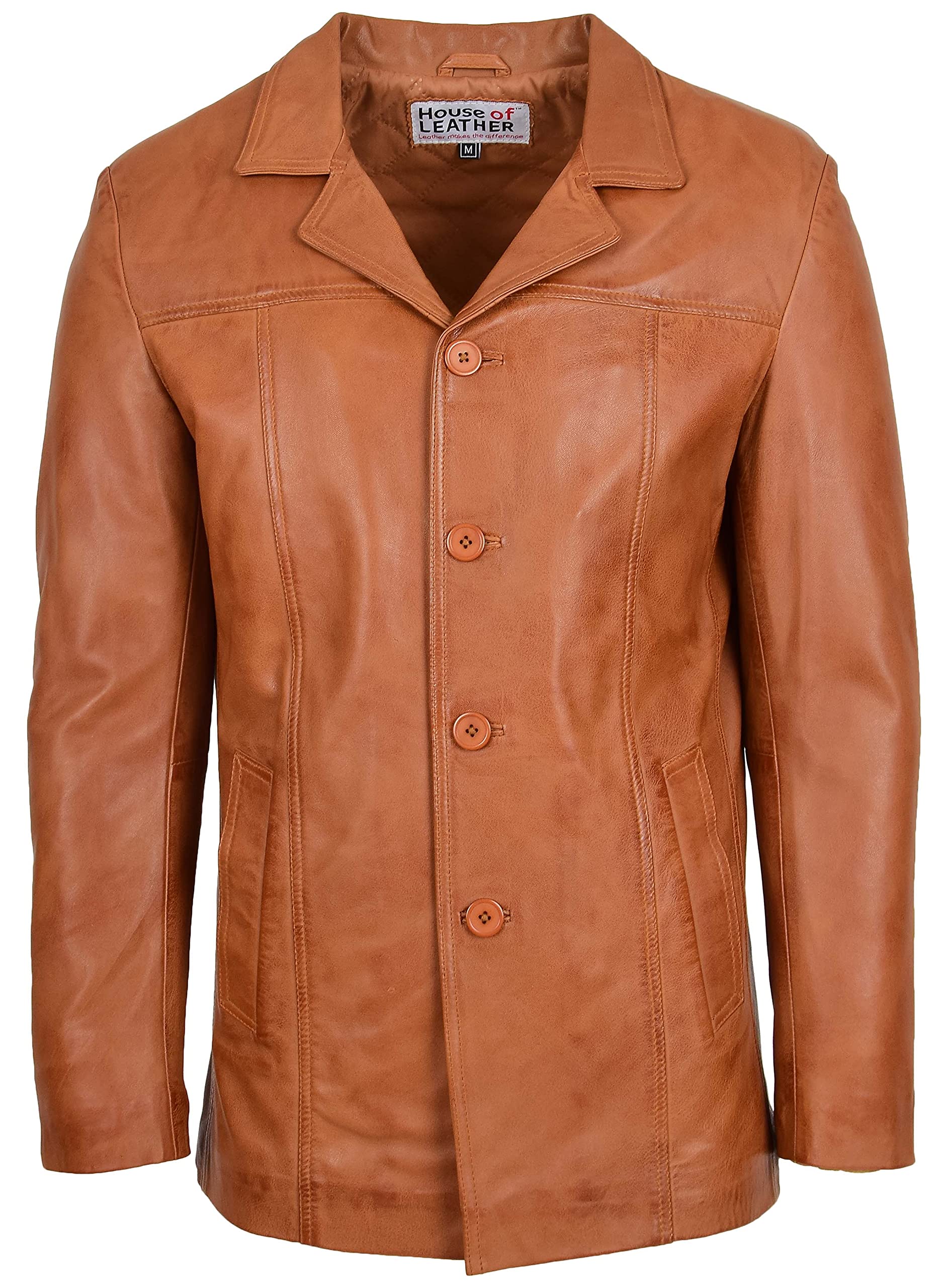 House Of Leather Men's Tan Real Leather Reefer Jacket Classic Button Style Thrill (3Xl, )