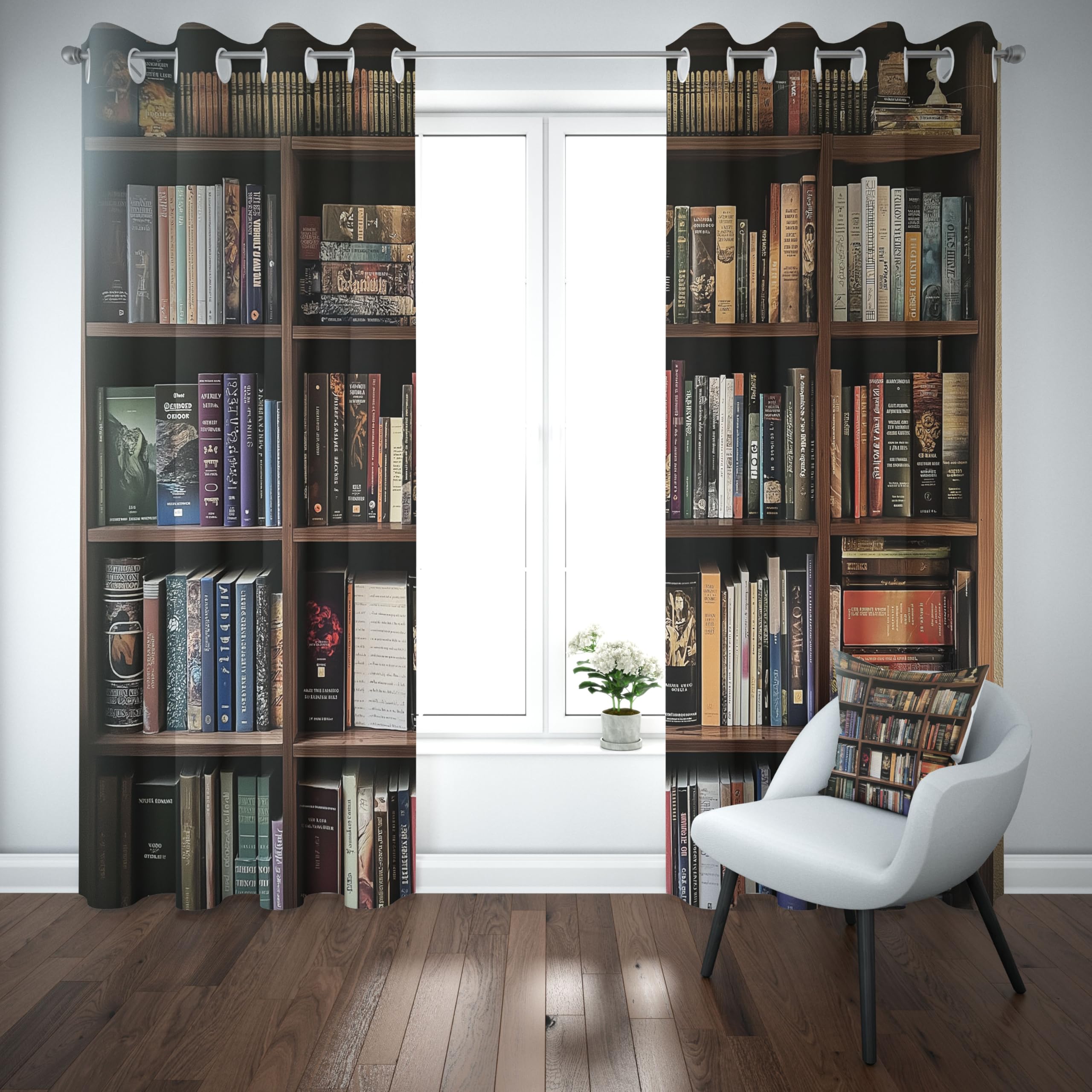 Bücherregal Bibliothek Vorhang H 225 x B 140 cm, Lernen Bücher Gardinen, Pädagogischer Verdunklungsvorhänge mit Ösen 2er Set Kälteschutz Thermovorhang für Wohnzimmer Schlafzimmer
