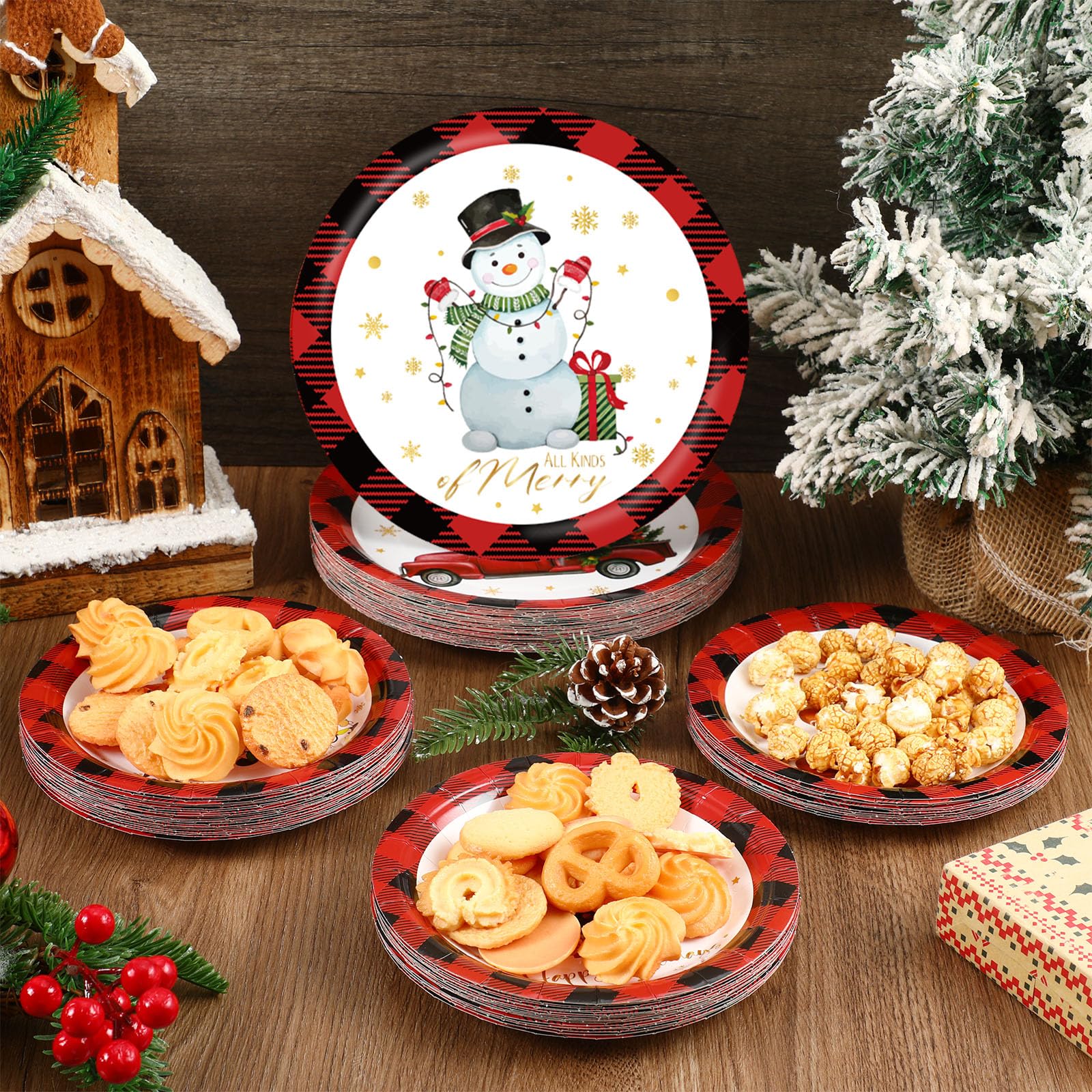 Layhit Weihnachtsparty Pappteller Dessert Weihnachtsfeier Dekorationen Einweg Runde Weihnachten Pappteller für Weihnachten Geburtstag Party 7 Zoll und 9 Zoll (240 Stück)