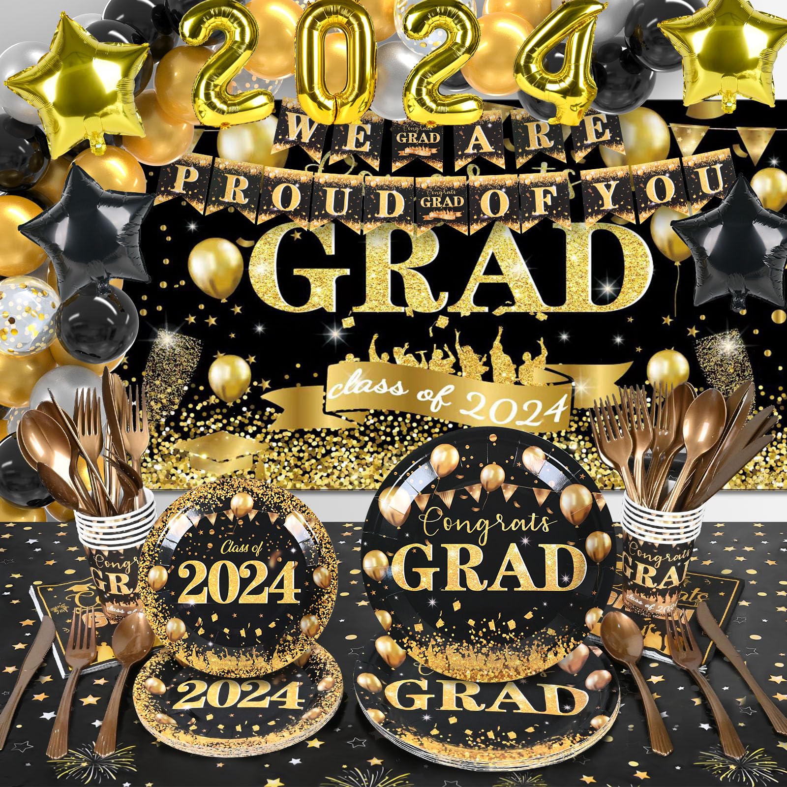 204Pcs Graduation Party Decorations Class of 2024- Graduation Party Supplies with Grad Backdrop, Banners, Balloons Kit,Paper Plates,Cups,Napkins,Cutlery,Tablecloth and CupCake Toppers-Black & Gold