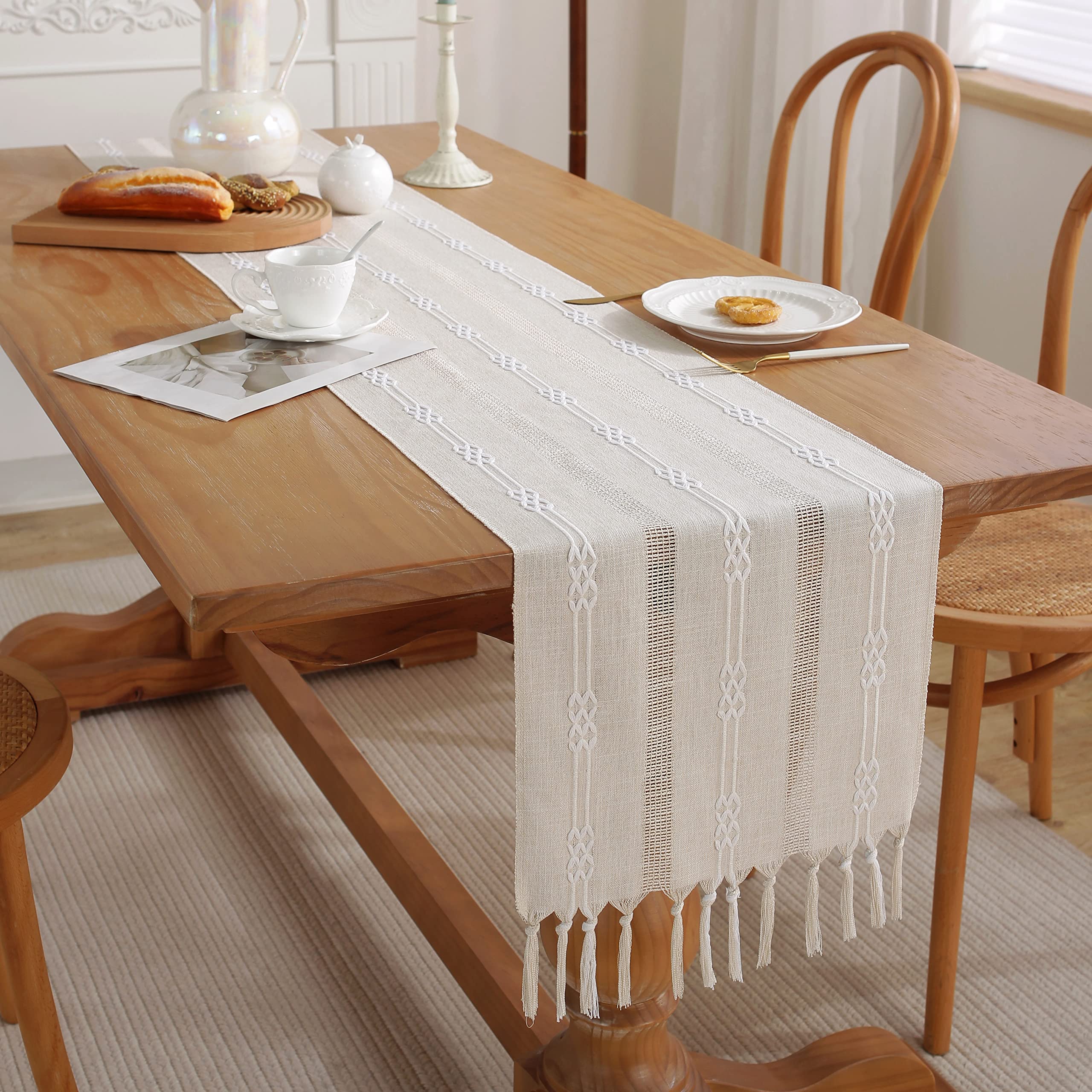Yicorgard Boho Table Runner Rustic Style 13“ x 72”, Cream Hollow Braided Farmhouse Linen Table Runner 72 Inches Long with Tassels for Dining Room Kitchen — image 1