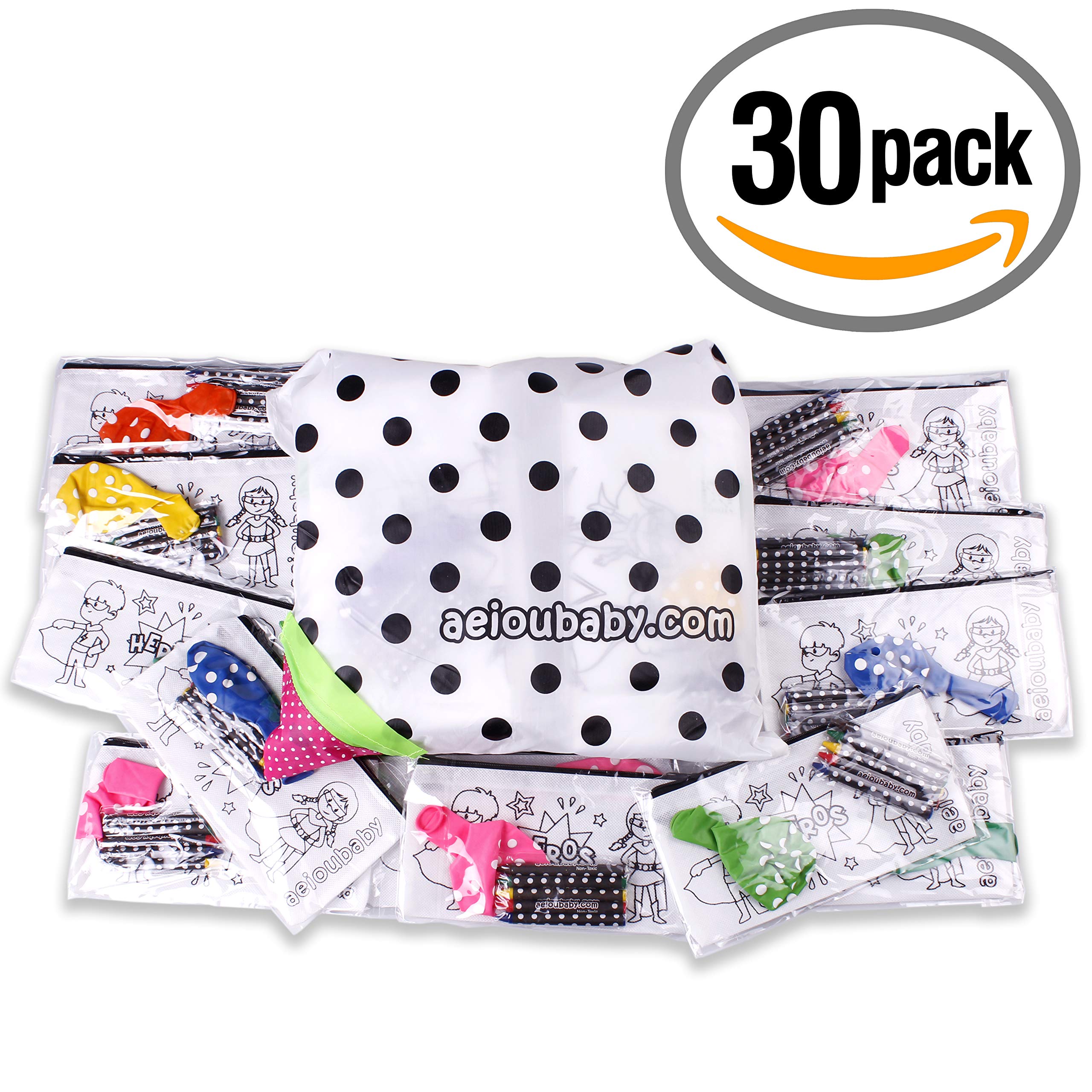 aeioubaby.com 30 Trousses à Colorier + Sac Réutilisable | 30 Sacs individuels contenant 5 Crayons de Couleur et un Ballon | Cadeau pour enfants au fêtes et anniversaires (Héros)