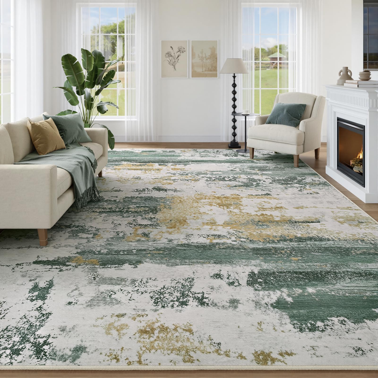 Photo 1 of ***HEAVILY USED /STAINS *** Kelarea Washable Area Rug for Living Room, 8x10 Non Slip Modern Abstract Green Rugs, Easy Clearning Low Pile Large Carpet for Bedroom, Dining Room, Nursery, Office