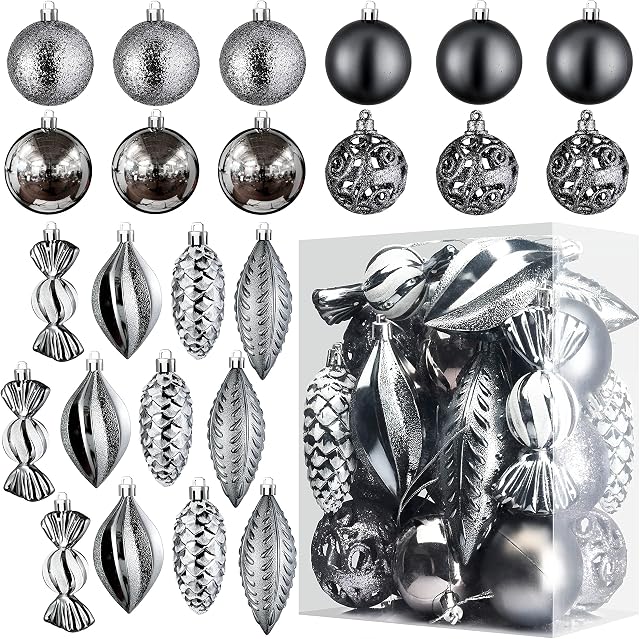 Grey Christmas Ball Ornaments for Christmas Decoration Baubles - 24 Pieces Xmas Tree Shatterproof Ornaments with Hanging Loop for Holiday and Party Decoration (Combo Of 8 Ball and Shaped Styles)