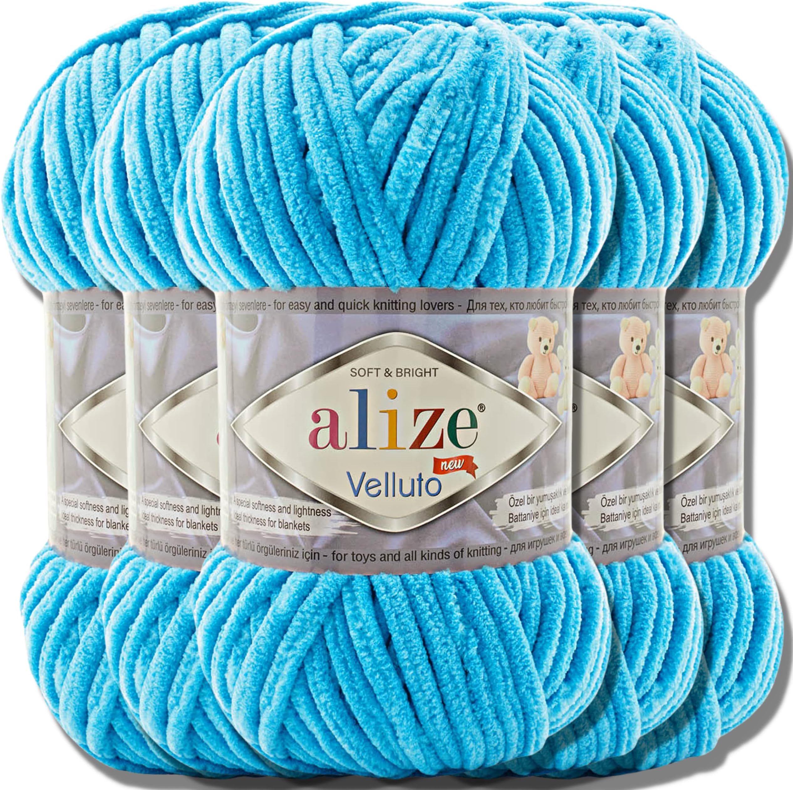 Hobby YARN Alize Velluto 5 x 100 g Turkish Knitting Wool, Super Bulky Wool for Crocheting, Plain Colour, Baby Wool, Fleece Felt Wool, Cuddly Wool (Ocean | 16)