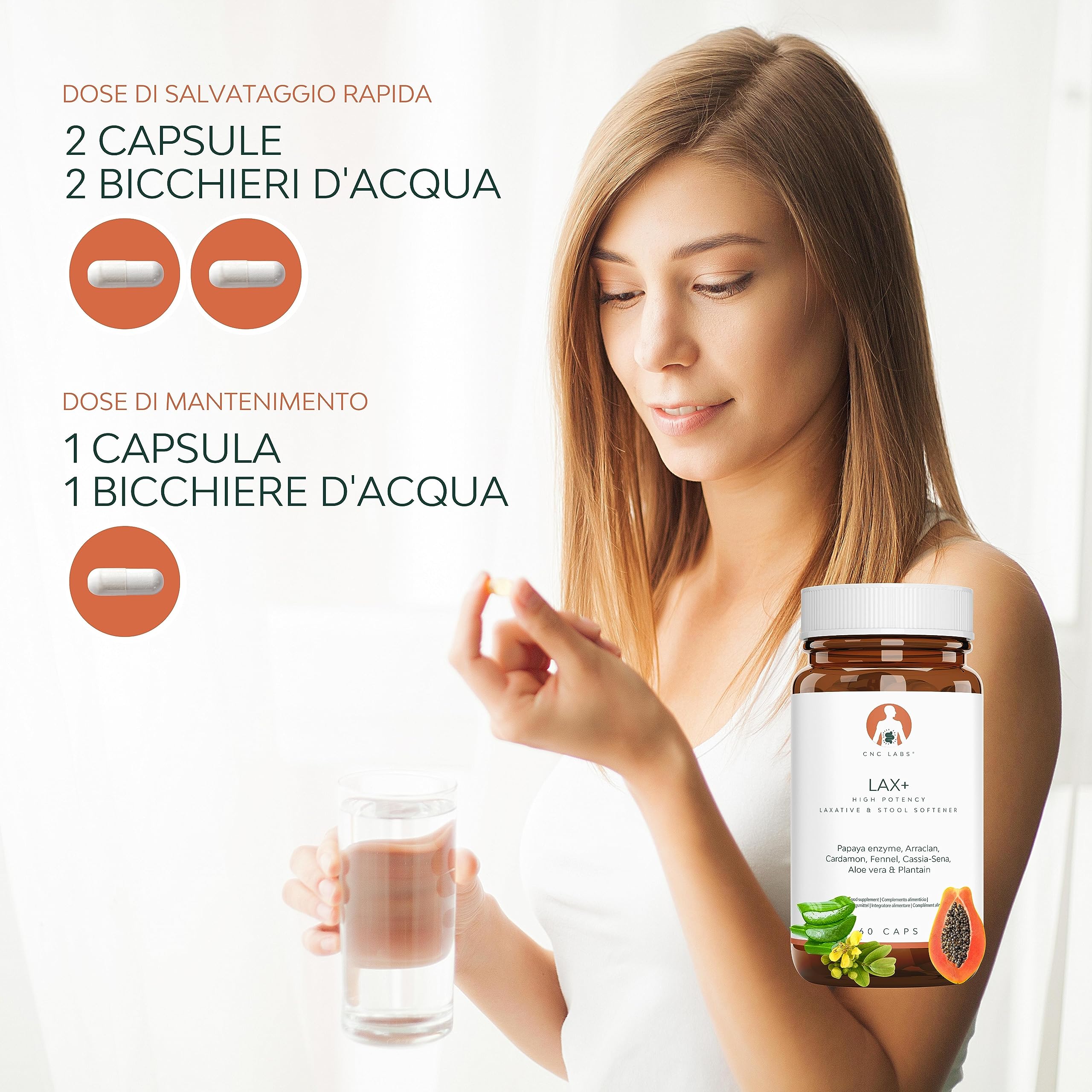 LAX+ Integratore Alimentare 2x Bottiglie con Senna, Papaya, Finocchio, Aloe e Piantaggine – 120 Capsule