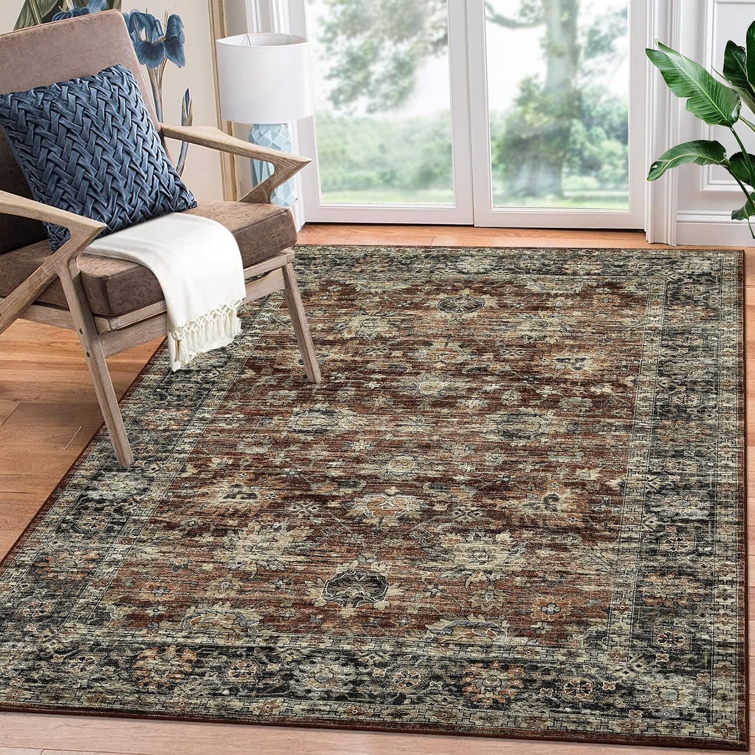 GarveeHome 9x12 Vintage Distressed Large Living Room Rug for Bedroom Non-Skid Machine Washable Medallion Floral Print Area Rug Farmhouse Oriental Soft Low-Pile Indoor Accent Carpet, Red
