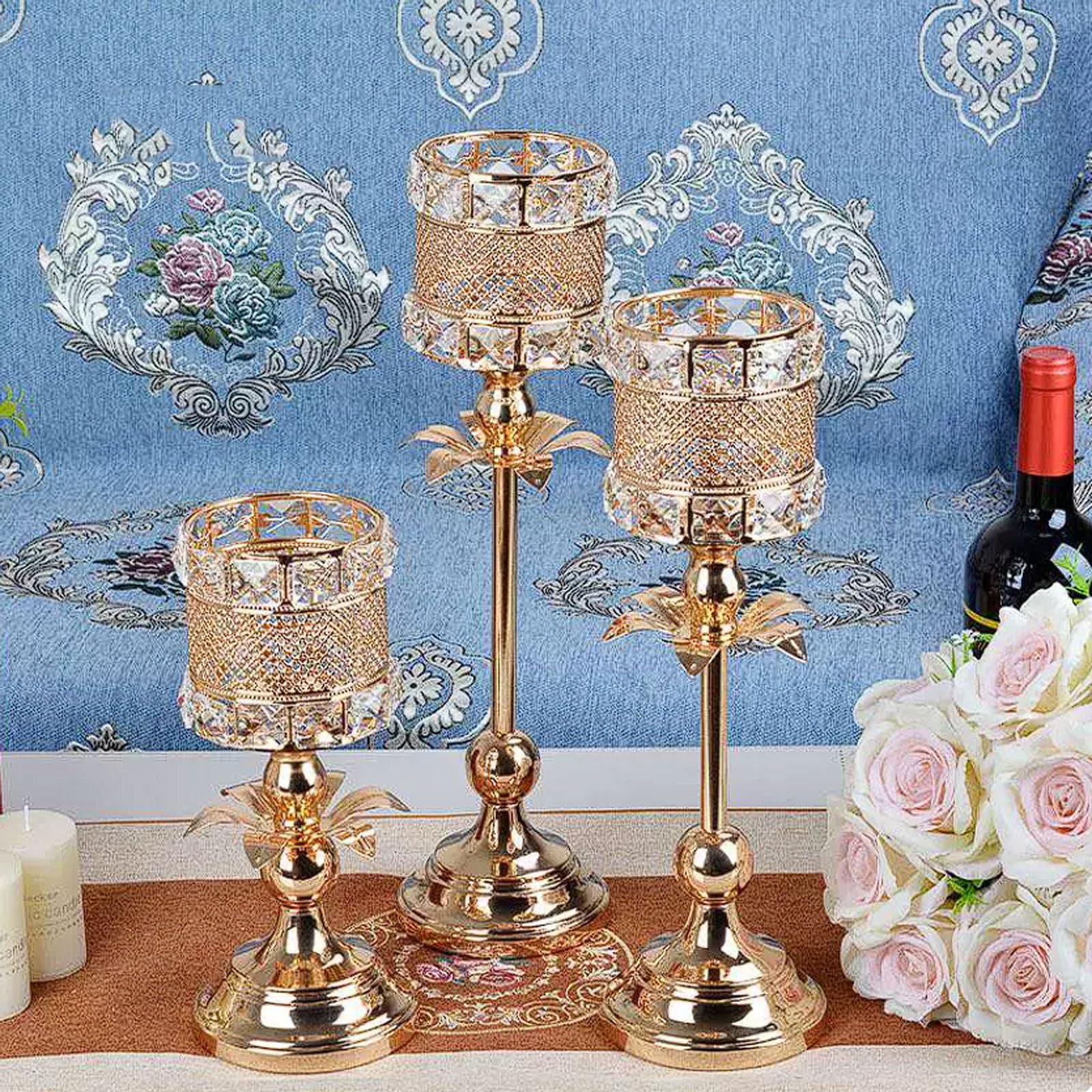 Candelabro de metal dorado con portavelas de hierro con diamantes de imitación de cristal y adorno decorativo artesanal (M)