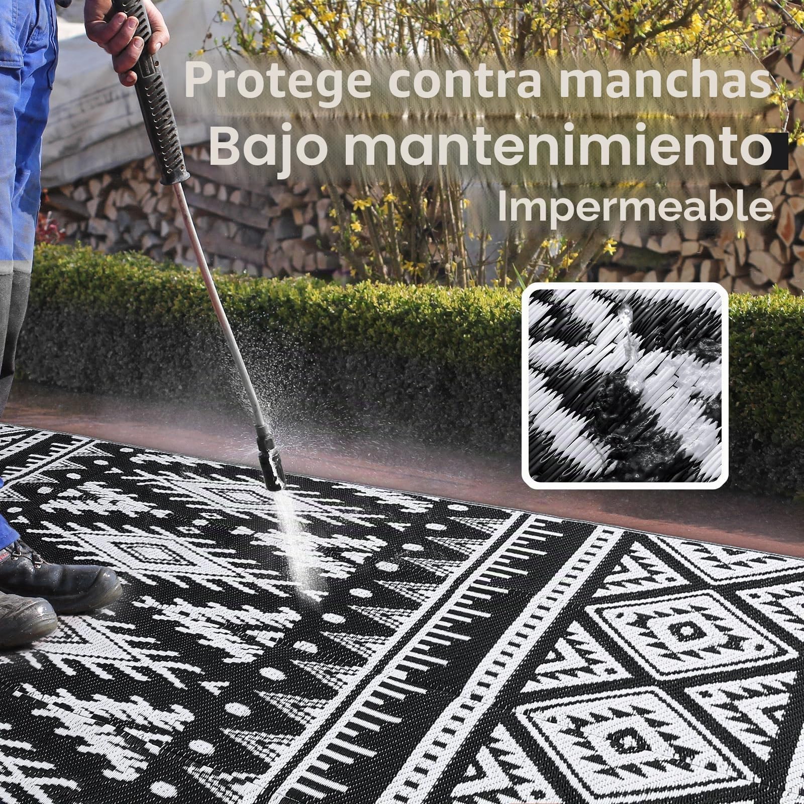 Homaxy Alfombra para exteriores resistente a la intemperie, de plástico, plegable, lavable, resistente a los rayos UV, reversible, para balcón, jardín, terraza, camping, picnic (150 x 240 cm, negro y