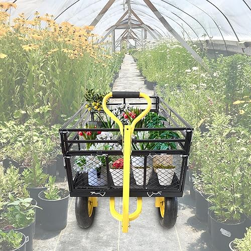 Miniatura 8 de Carrito de jardín de acero, resistente capacidad de 1400 libras, con lados de malla extraíbles para convertir en plataforma plana, carro de metal