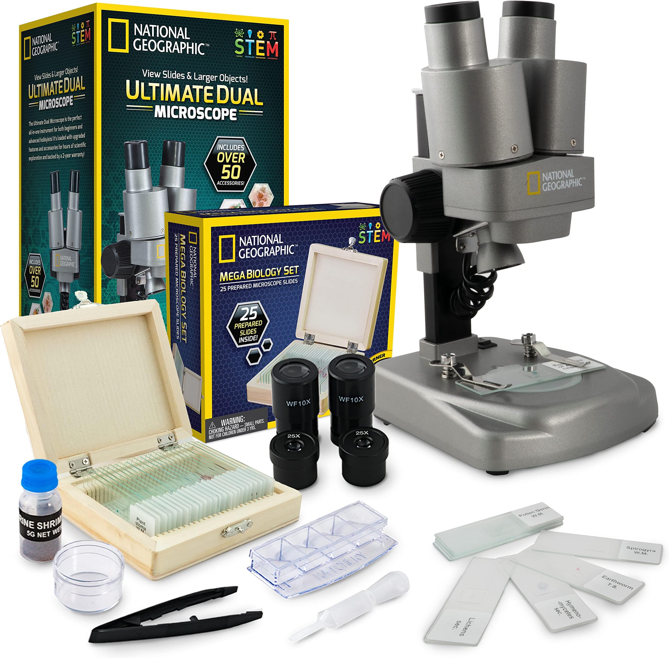 NATIONAL GEOGRAPHIC Kids Microscope Science Kit - Dual LED Microscope for Kids, Ultra Bright 20x & 50x Magnification, 35 Microscope Slides, Most Complete Microscope Kit for Kids 8-12, Biology for Kids