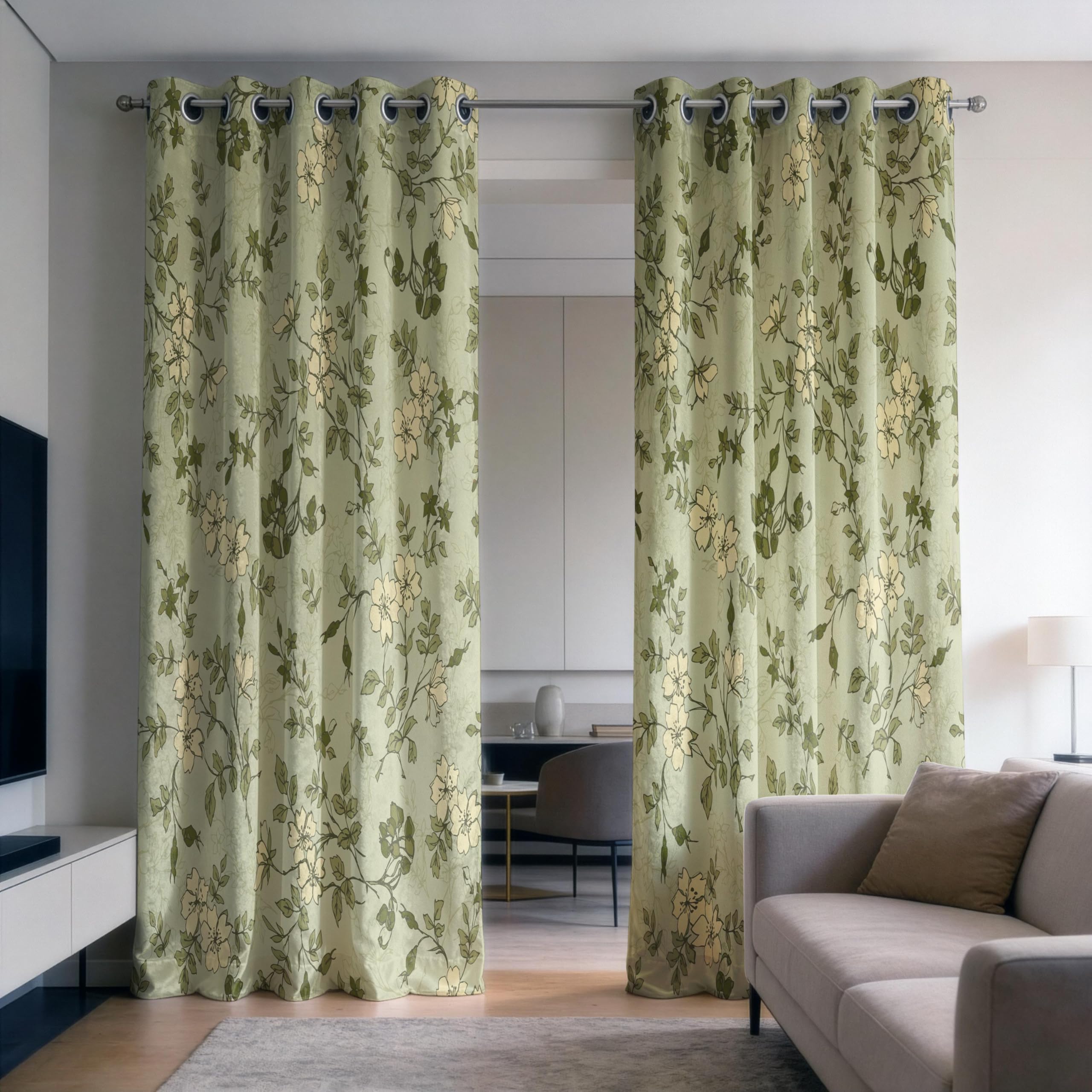 IKDZCM Floral Print Blackout Curtains for Bedroom, Green and Beige Botanical Pattern Drapes Window Panels for Living Room(WxH/2x85x200cm)