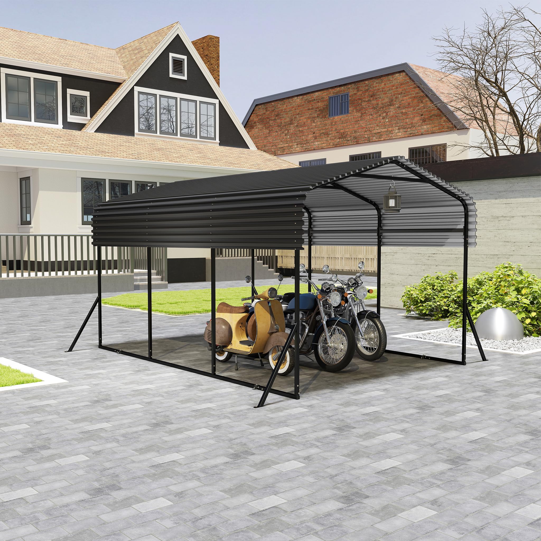 UISEBRT Garage per tenda auto da esterno | 10 x 15 FT | Carport in metallo nero | Robusto riparo auto da esterno | Ombreggiatura con tetto in metallo zincato per auto e barche tenda bivacco