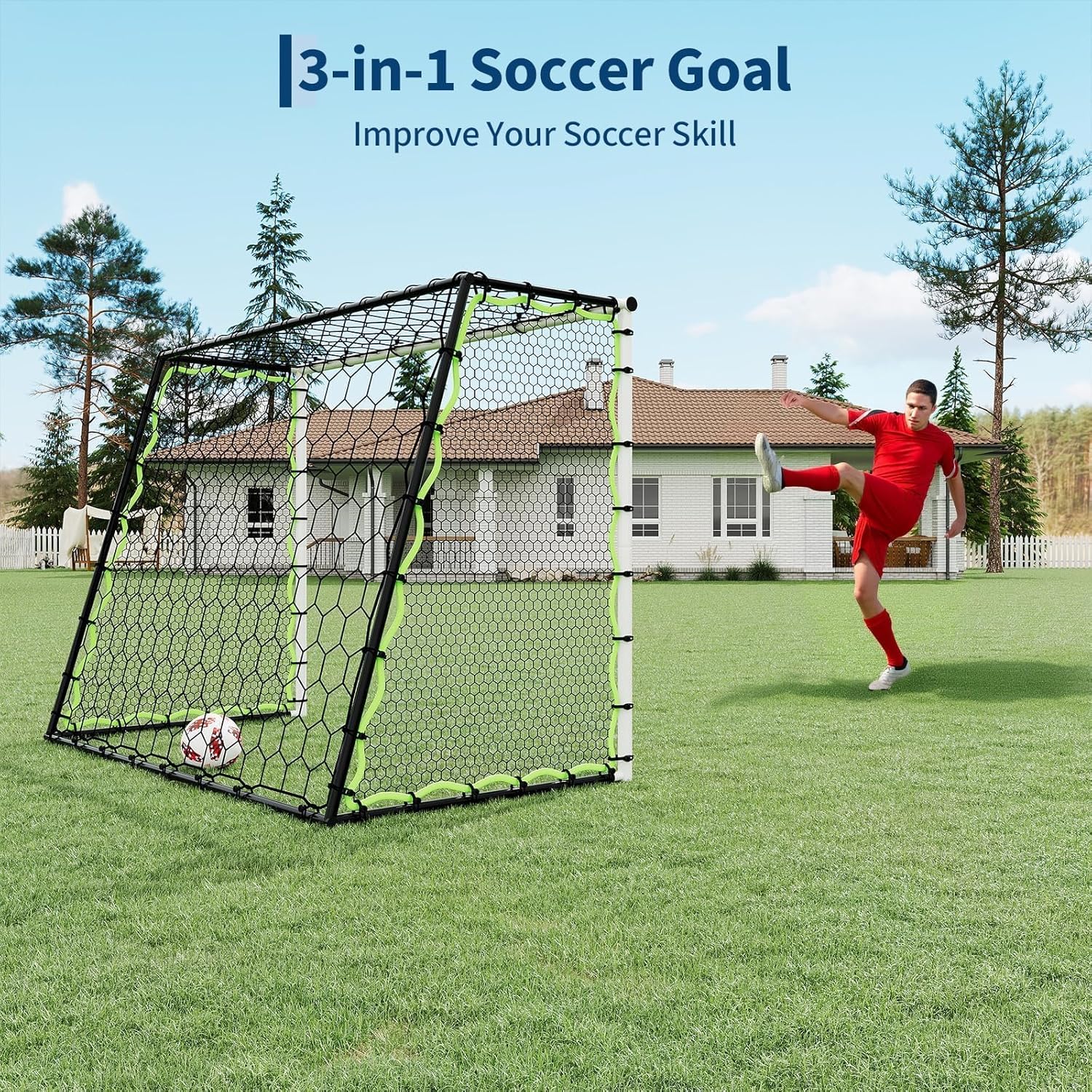 5-in-1 Soccer Ball Rebound Net Goal, 7x5 ft Goal and Rebound Trainer for Passing, Ball Control, Curveballs, and Shooting, Durable Steel Frame and high-Strength Rebound net, Suitable for All Ages