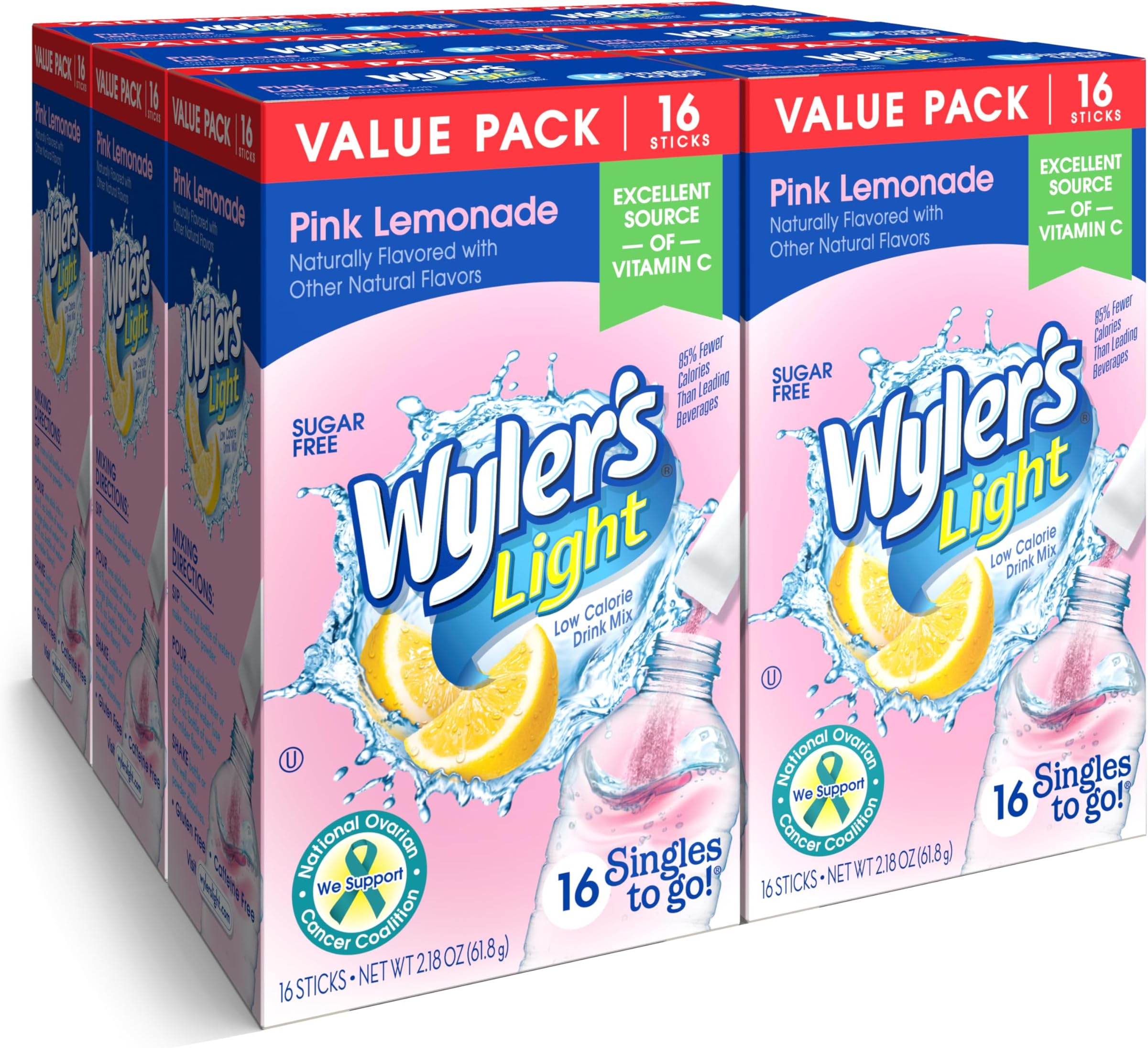 Singles To Go Powder Packets, Water Drink Mix, Pink Lemonade, 16 Count, 6 Boxes (96 Single Servings)