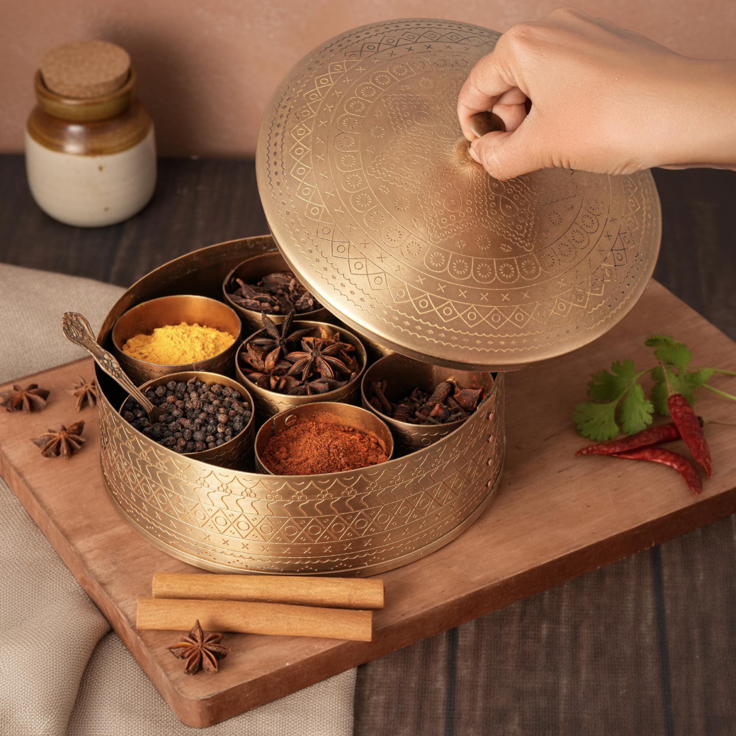 Lifelong "Elegant Brass Masala Dani for storing spices, adds a traditional touch to your kitchen with durability, style, and lasting shine."