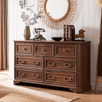 T4TREAM Farmhouse 7 Drawers Dresser for Bedroom, 54" Wide Wood Rustic Chest of Drawers with Natural Texture, Vintage Design, Storage Dressers Organizer for Bedroom, Living Room, Reclaimed Barnwood