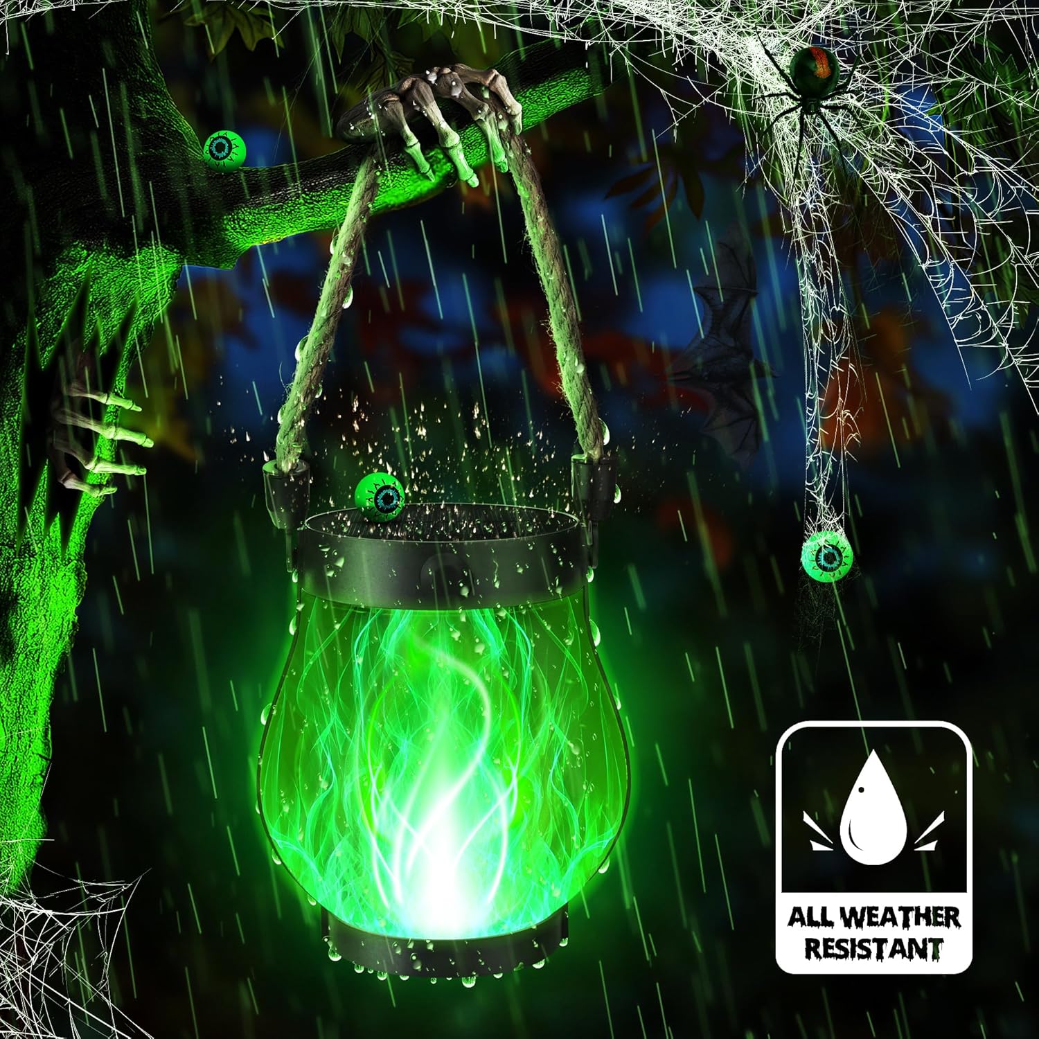 Jyoiat Solar Flame Lantern Hanging Outdoor Waterproof - 2 Pack Flame Lanterns with Dual Charging Modes of Solar & USB for Garden or Yard Decorations (Green - 2 Pack)