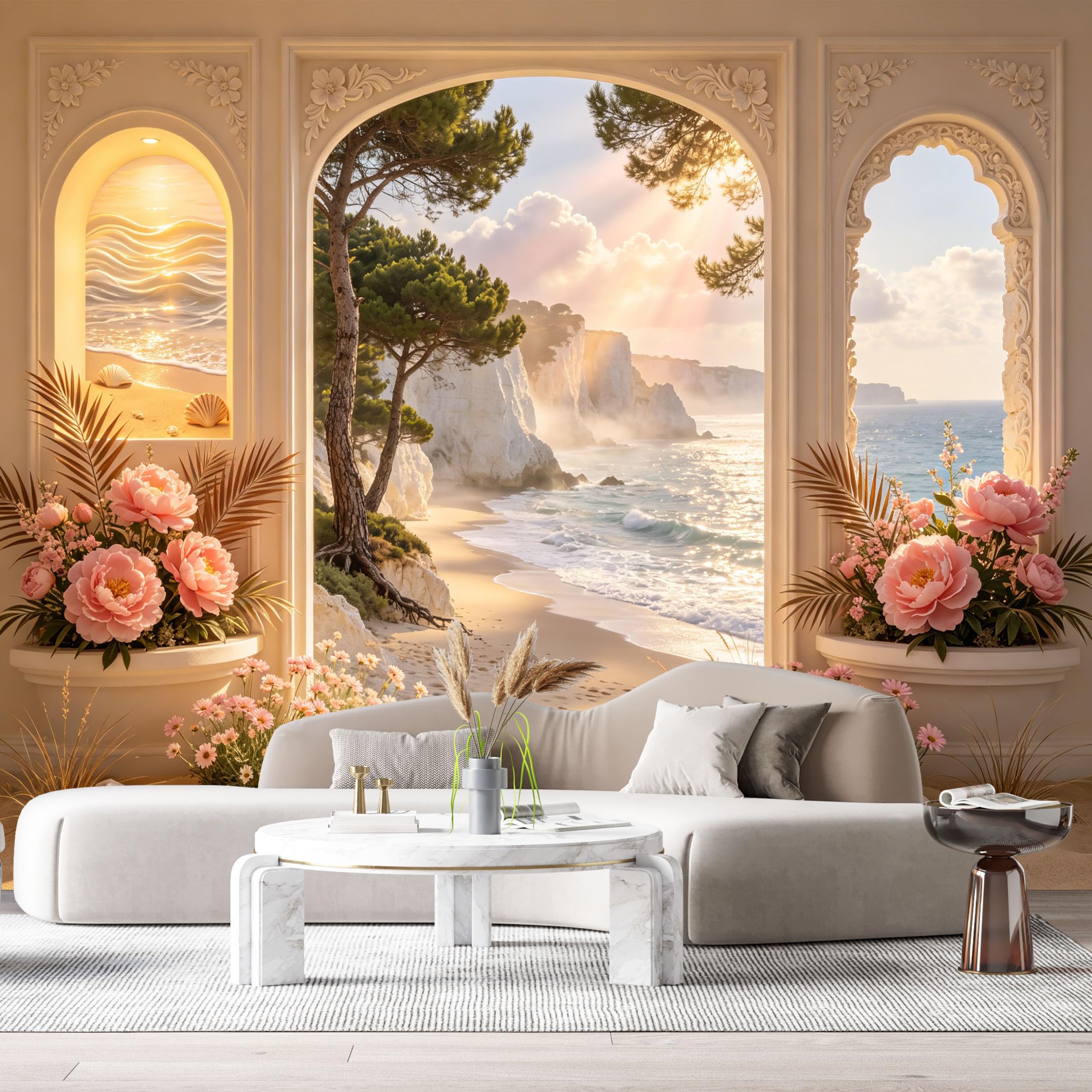 Custom Size Wall Murals Coastal Ocean Marine 3D Trompe L'Oeil White Cliffs Beach Pink Peony Flowers SelfAdhesive Wall Fabric Removable Large Wallpaper for Photo Living Room