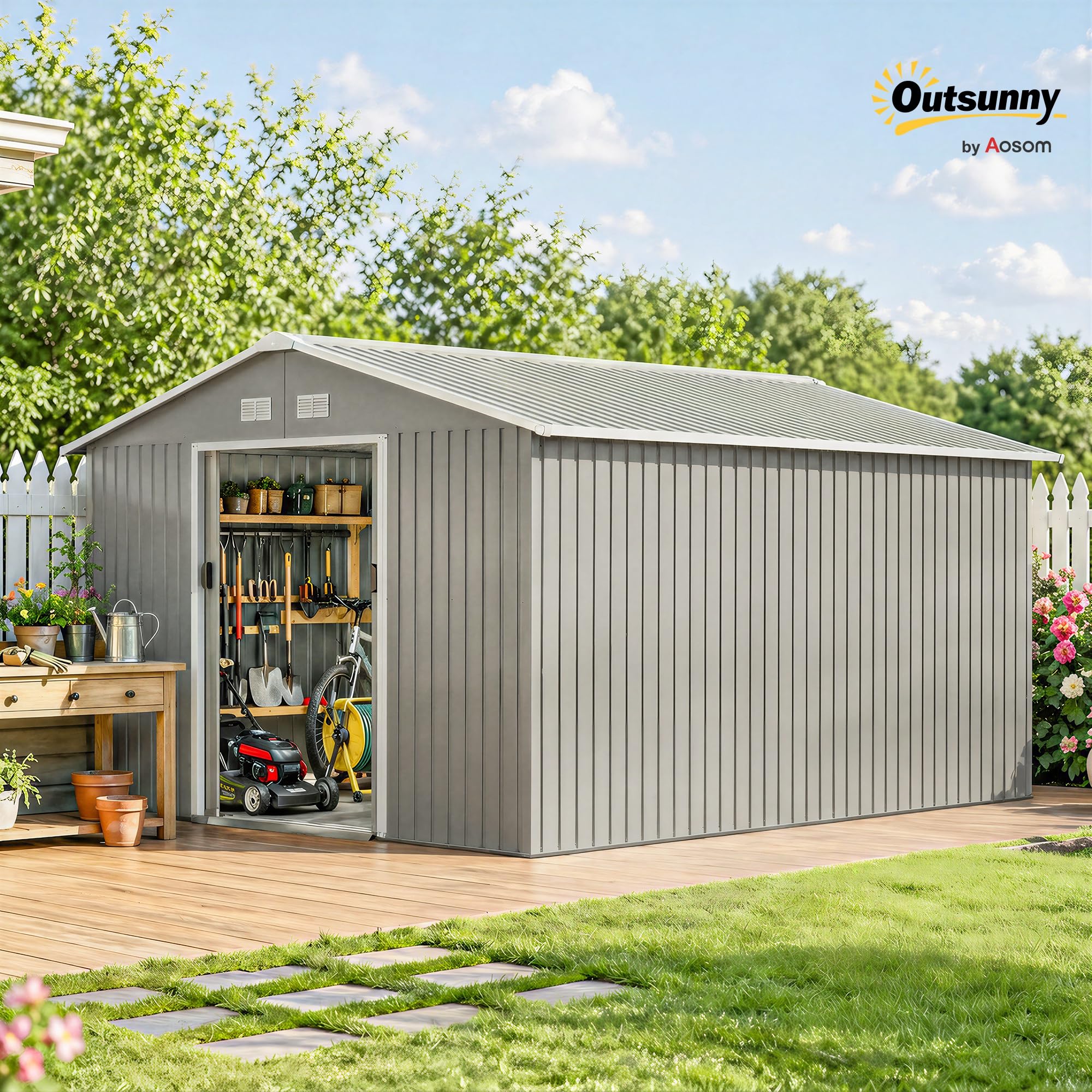 Outsunny Casetta da Giardino 12.4m² con Fondazione, 4 Prese d'Aria e 2 Porte Scorrevoli, Capanno Porta Attrezzi in Lamiera d'Acciaio, 340x386x200 cm, Grigio Chiaro