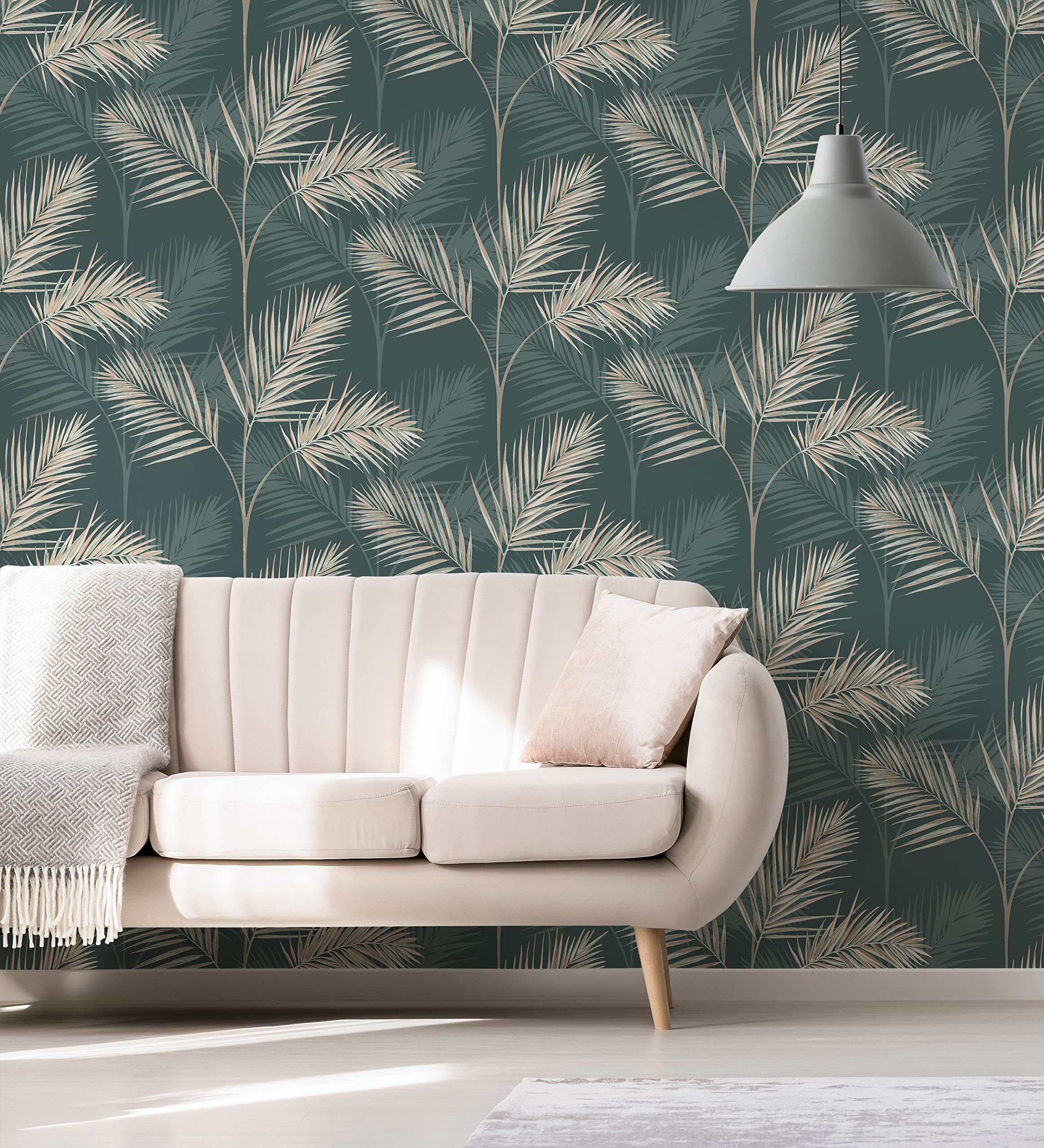 GAULAN 680912 - Papel pintado lavable tropical de hojas de palmeras camel y verde para pared salón dormitorio comedor cabecero cama - Rollo de 10 m x 0,53 m