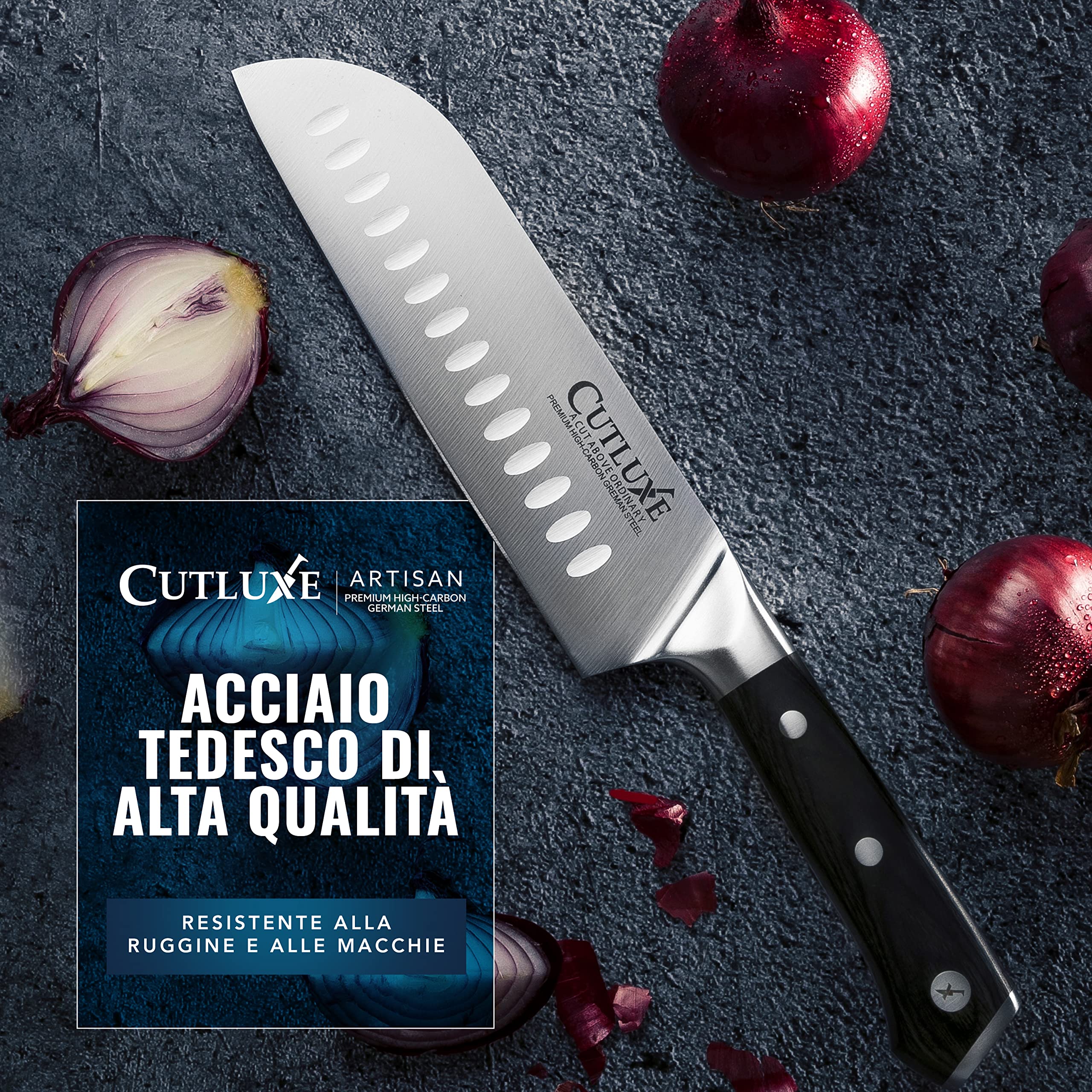 Cutluxe Coltello Santoku - 18cm Coltello Giapponese Professionale Con Guaina - Acciaio al Carbonio, Lama Affilata e Resistente - Artisan Series