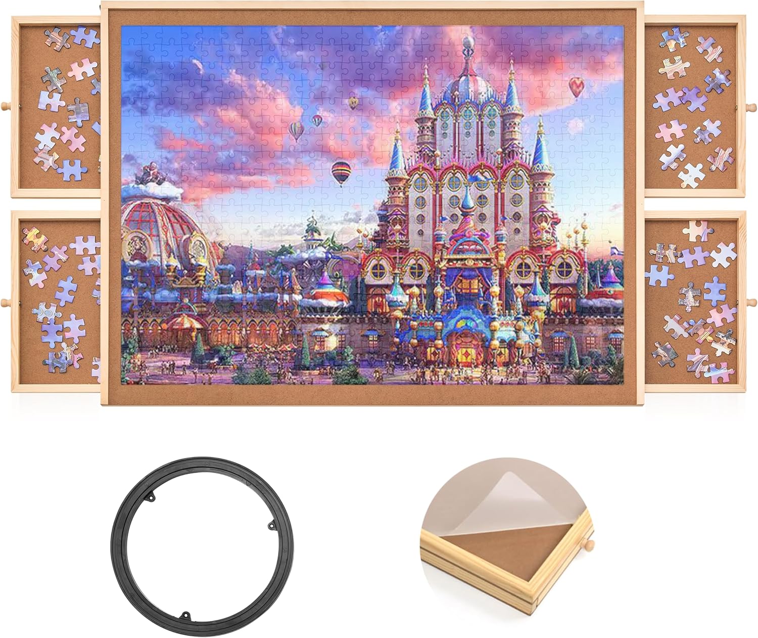 1000 Piece Wooden Jigsaw Puzzle Table - 4 Drawers, Rotating Puzzle Board | 30 X 22 Jigsaw Puzzle Board | Puzzles Cover Included - Portable Puzzle Tables for Adults and Kids