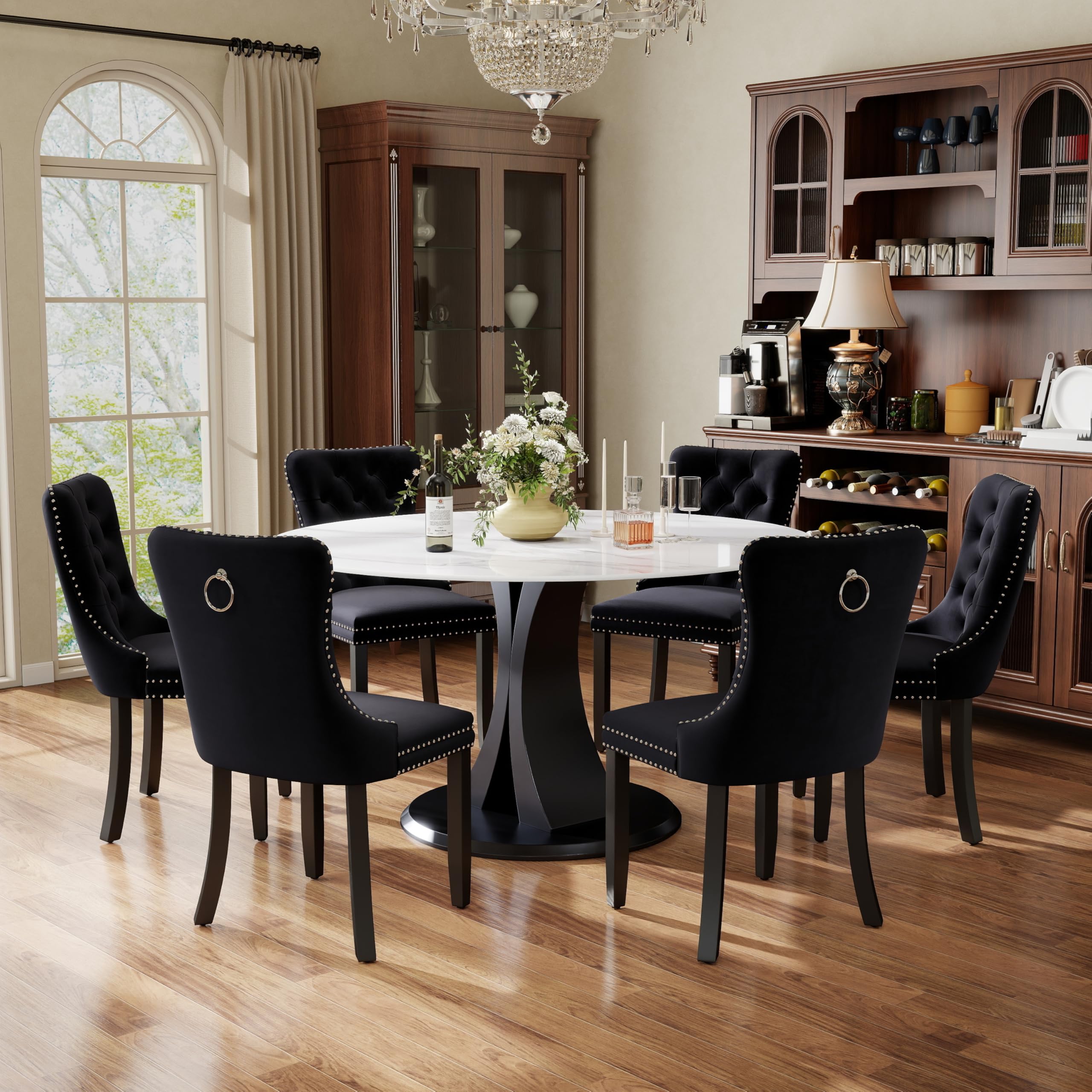7-Piece Dining Table Set with 47In Faux Marble Table and 6 Velvet Upholstered Chairs, Modern Scandinavian Furniture for Dining Room Kitchen(Black)