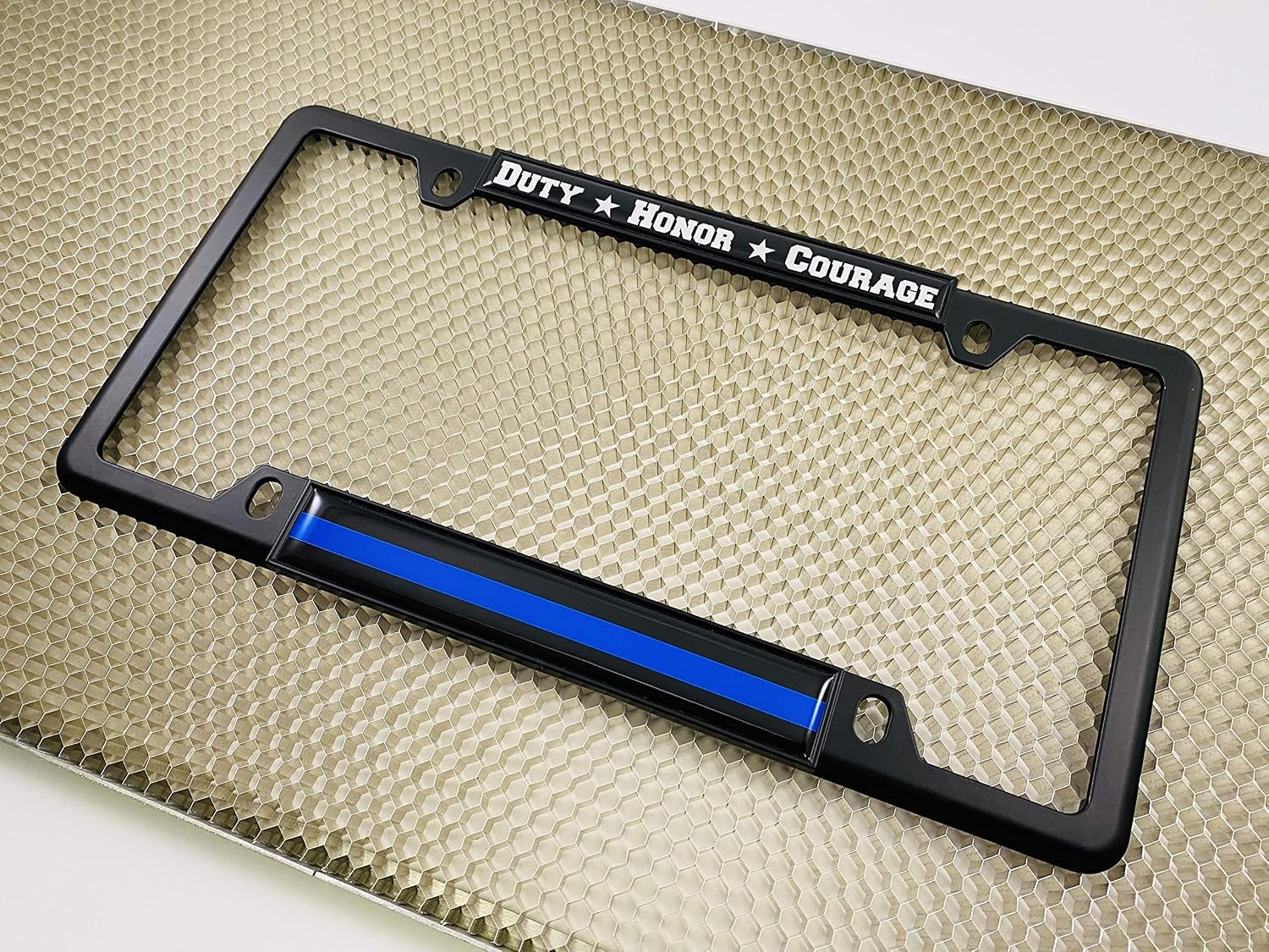 Duty Honor Courage Thin Blue Line (Stripe) Support Law Enforcement - Domed Custom-Made Personalized Narrow (Thin) Top 4 Hole Metal Car License Plate Frame with Free caps - Black (Quantity: 1 Frame)