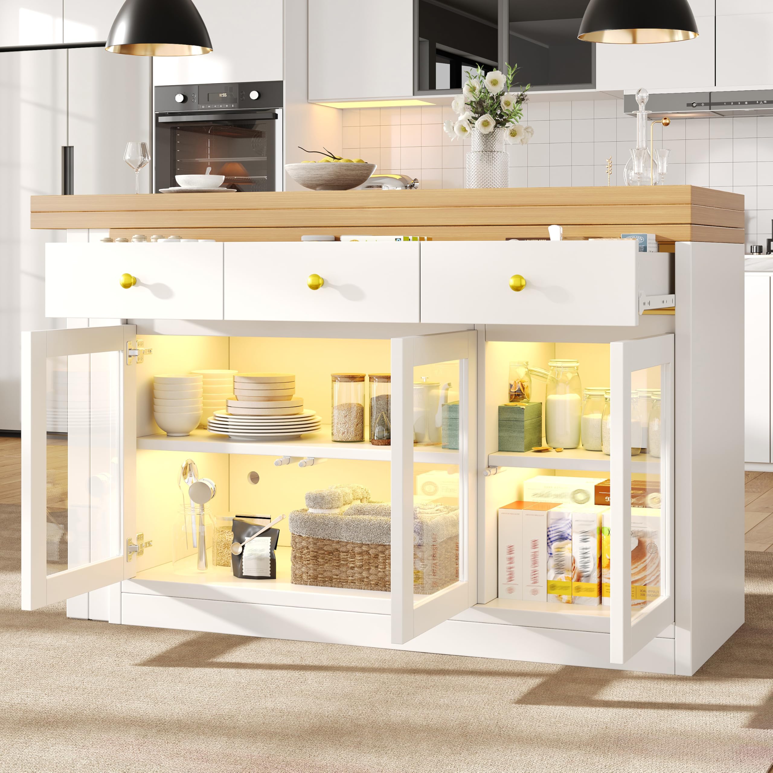 Tavolo da bar allungabile con vano portaoggetti, girevole a 360°, tavolo da pranzo pieghevole, 3 porte, 3 cassetti, isola da cucina, per soggiorno, sala da pranzo, 120-200 x 40 x 75,5 cm