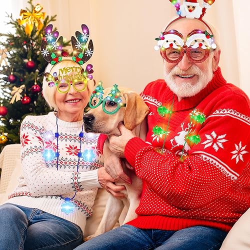 Miniatura 5 de 12 piezas de recuerdos de fiesta de Navidad iluminados, juego de collar de Navidad, diadema y lentes, collar de árbol de copo de nieve con bombilla,