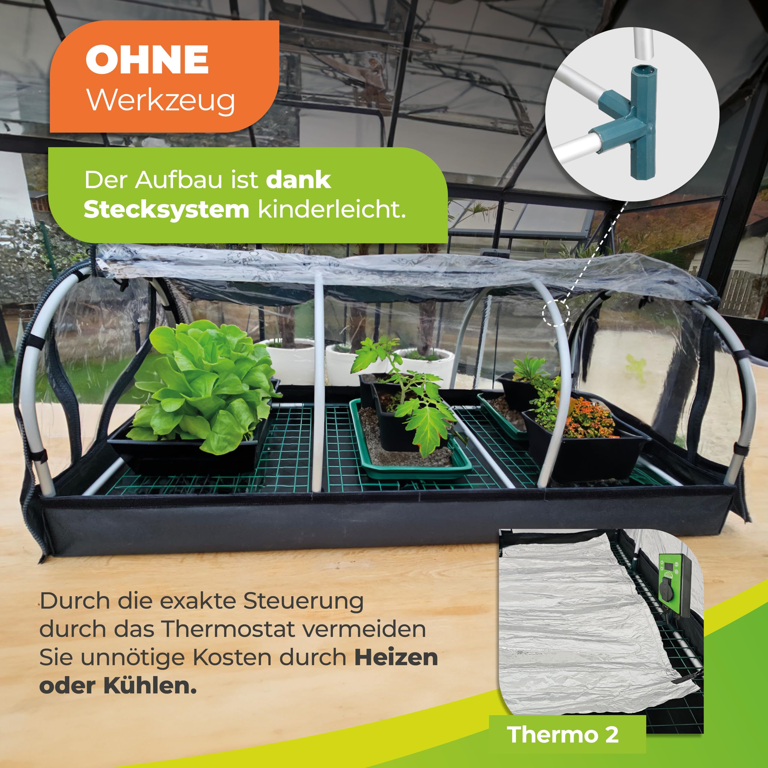 Bio Green XXL Zimmergewächshaus Jumbo | Set inkl. Heizmatte & Digitalthermostat | Robustes Aluminium-Rahmengestell | Anzuchtkasten L 130 x B 60 x H 50 cm