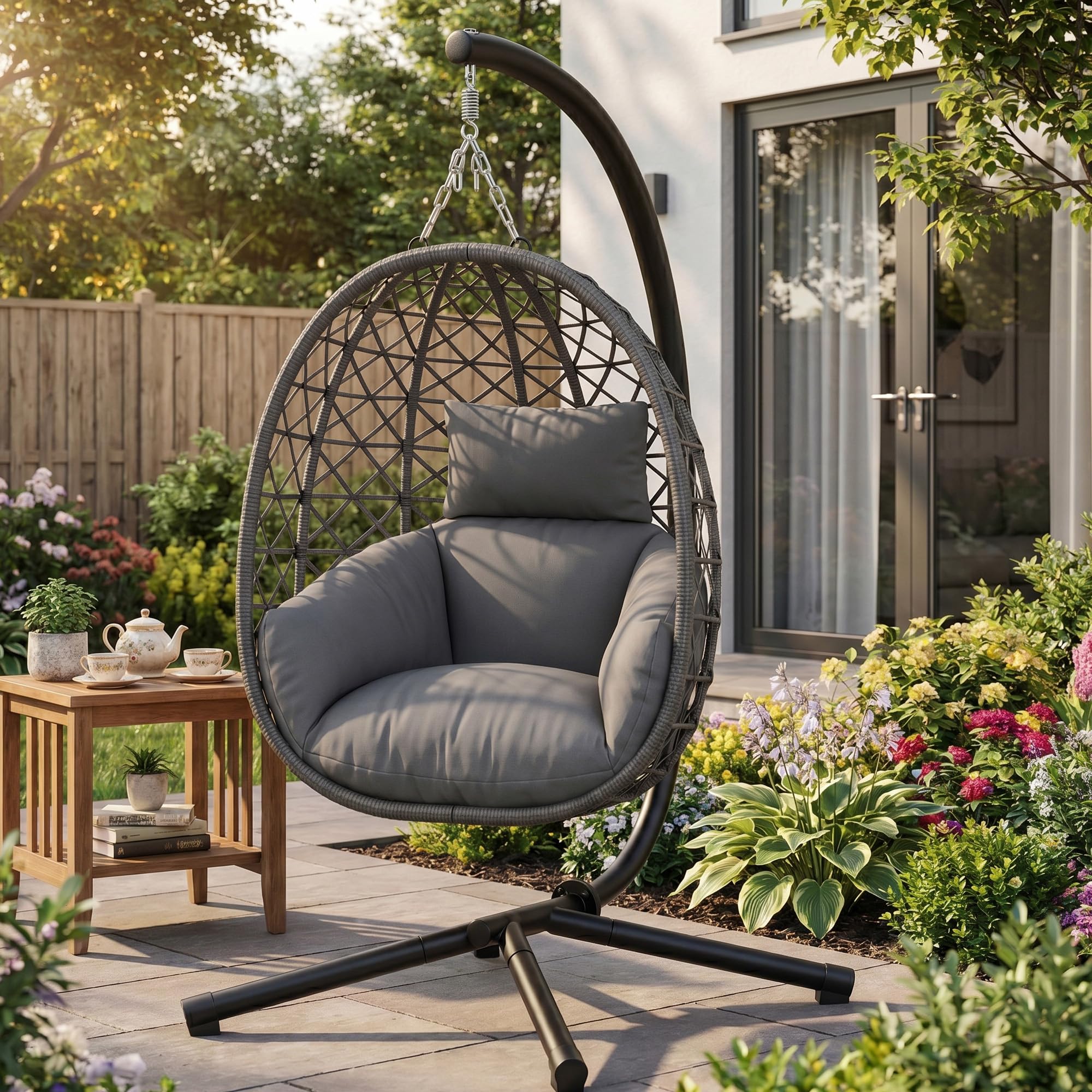 UDPATIO Hängesessel Outdoor mit Gestell, Indoor Hängeschaukel, Hängestuhl bis 160kg, Relaxschaukel mit 18cm Dicke Kissen, Schaukel Sessel Garten, Balkon, Grau