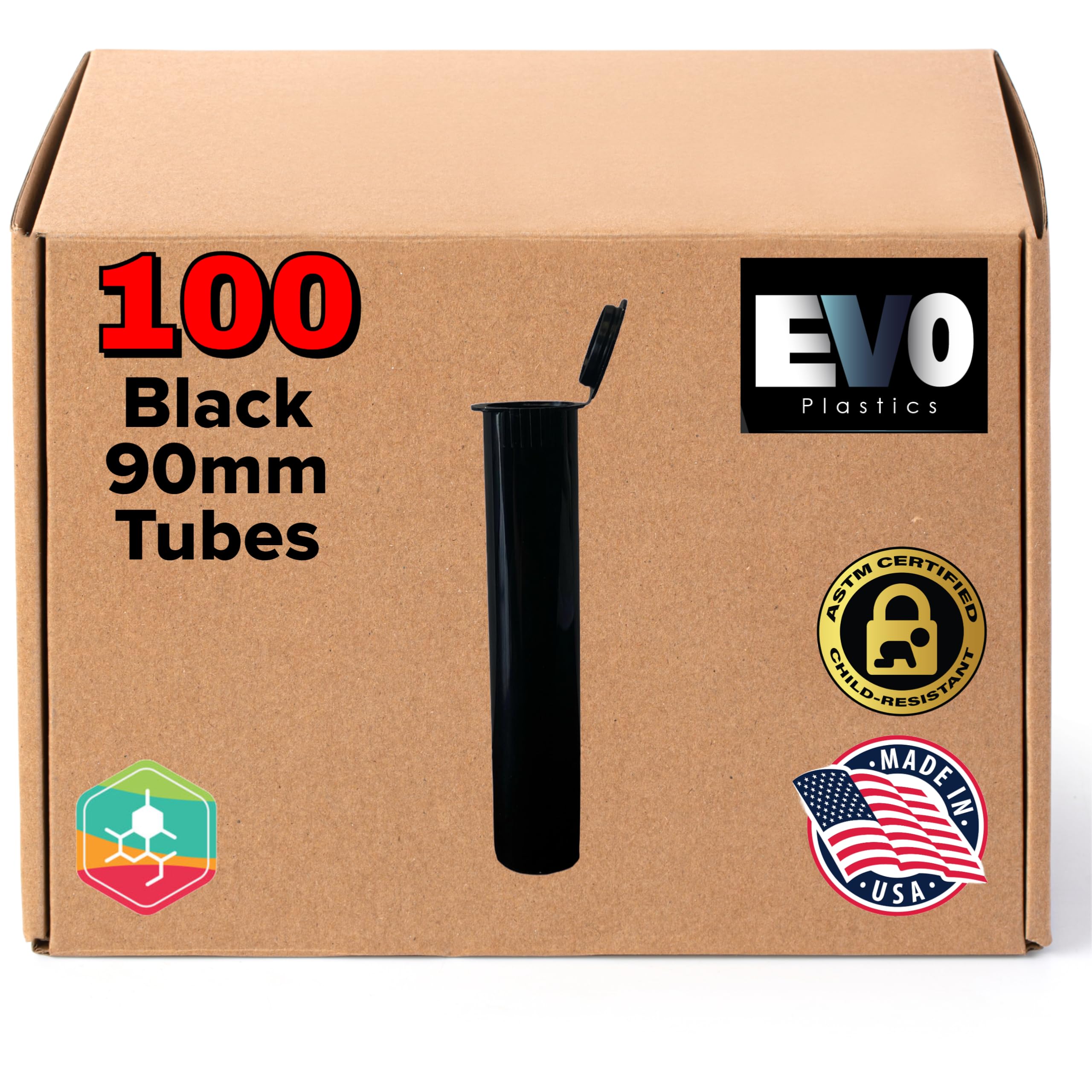 Evo Plastics Black 90mm Open Cap Pop Top Tubes, Airtight Plastic Medical Grade Prescription Bottles, USA Made, BPA Free, Biocompatible
