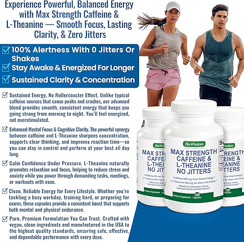 Miniatura 3 de Max Strength Caffeine L Theanine Pills No Jitters Peak Energy Focus Alerta de desempeño Píldoras de cafeína de 200 mg y 500 mg de L-teanina Cápsulas