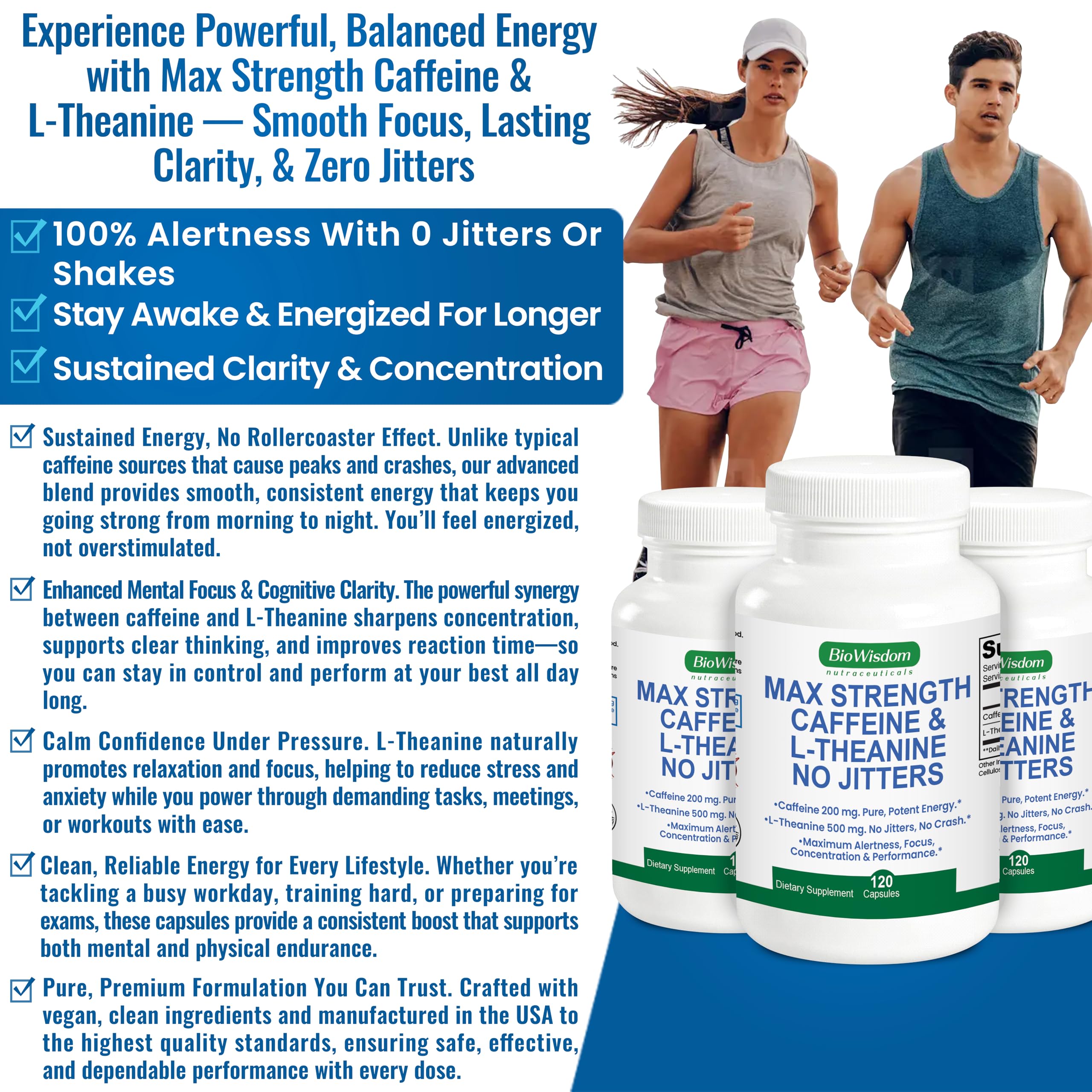 Max Strength Caffeine L Theanine Pills (200mg/500mg) - No Jitters Peak Energy, Focus, Performance, Alertness - Caffeine Pills & L-Theanine Capsules, No Crash & Drowsiness, Potent Supplement, 60 Count — Amazon image 3